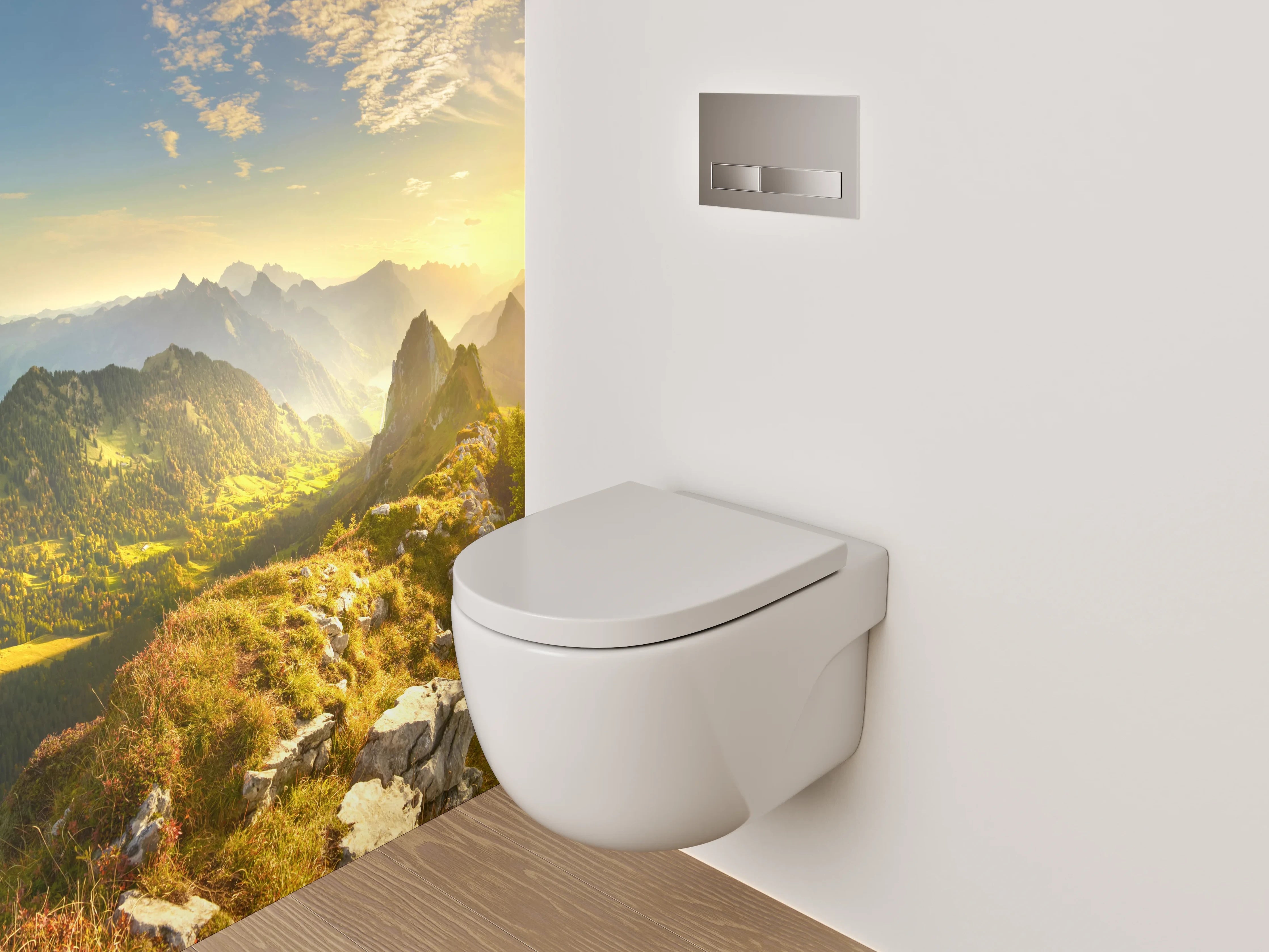 WC-Rückwand - Grauschimmernde Alpen im Morgenglühen