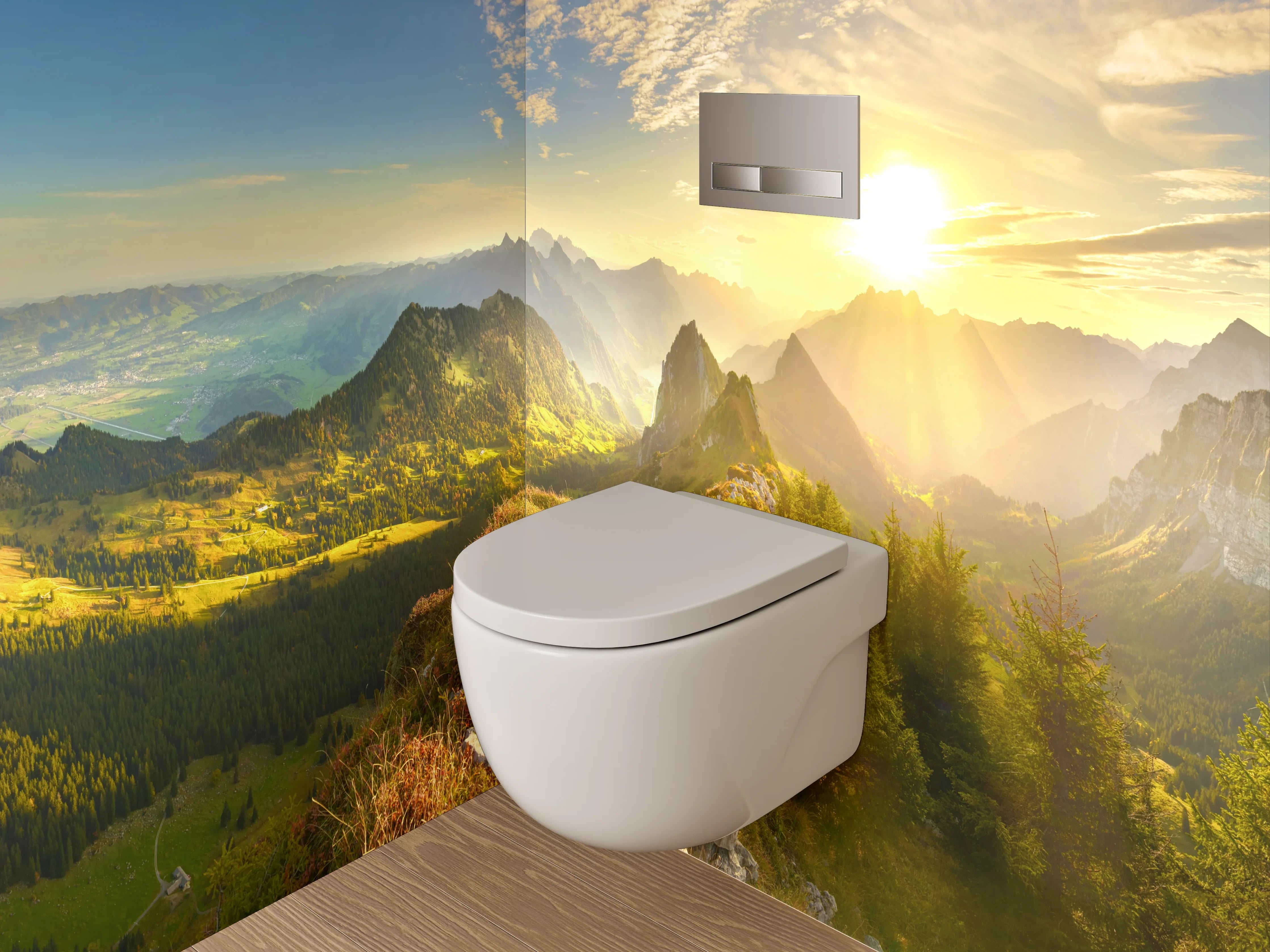 WC-Rückwand - Grauschimmernde Alpen im Morgenglühen