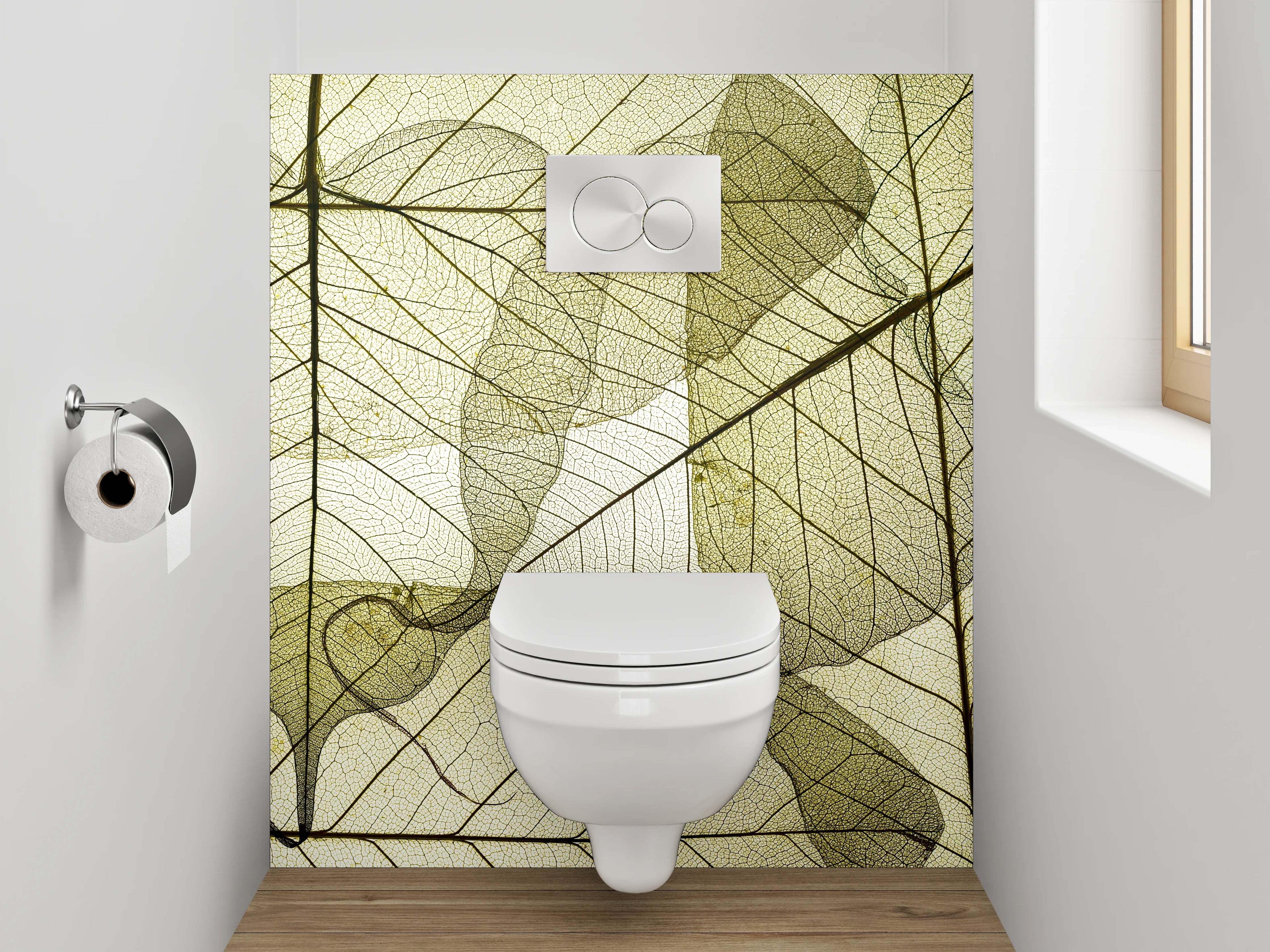 WC-Rückwand - Grauschimmernde Blätter im Licht