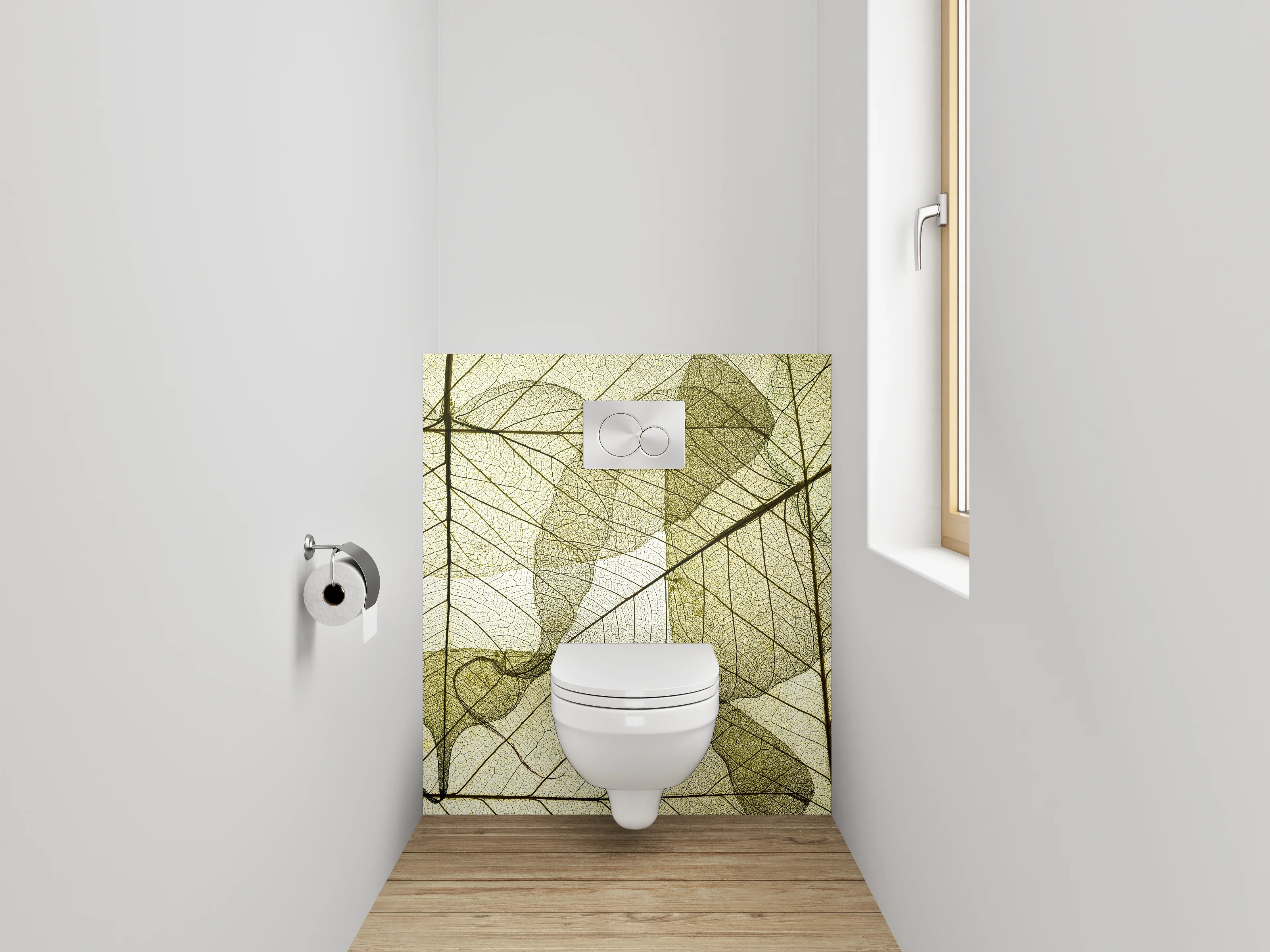 WC-Rückwand - Grauschimmernde Blätter im Licht