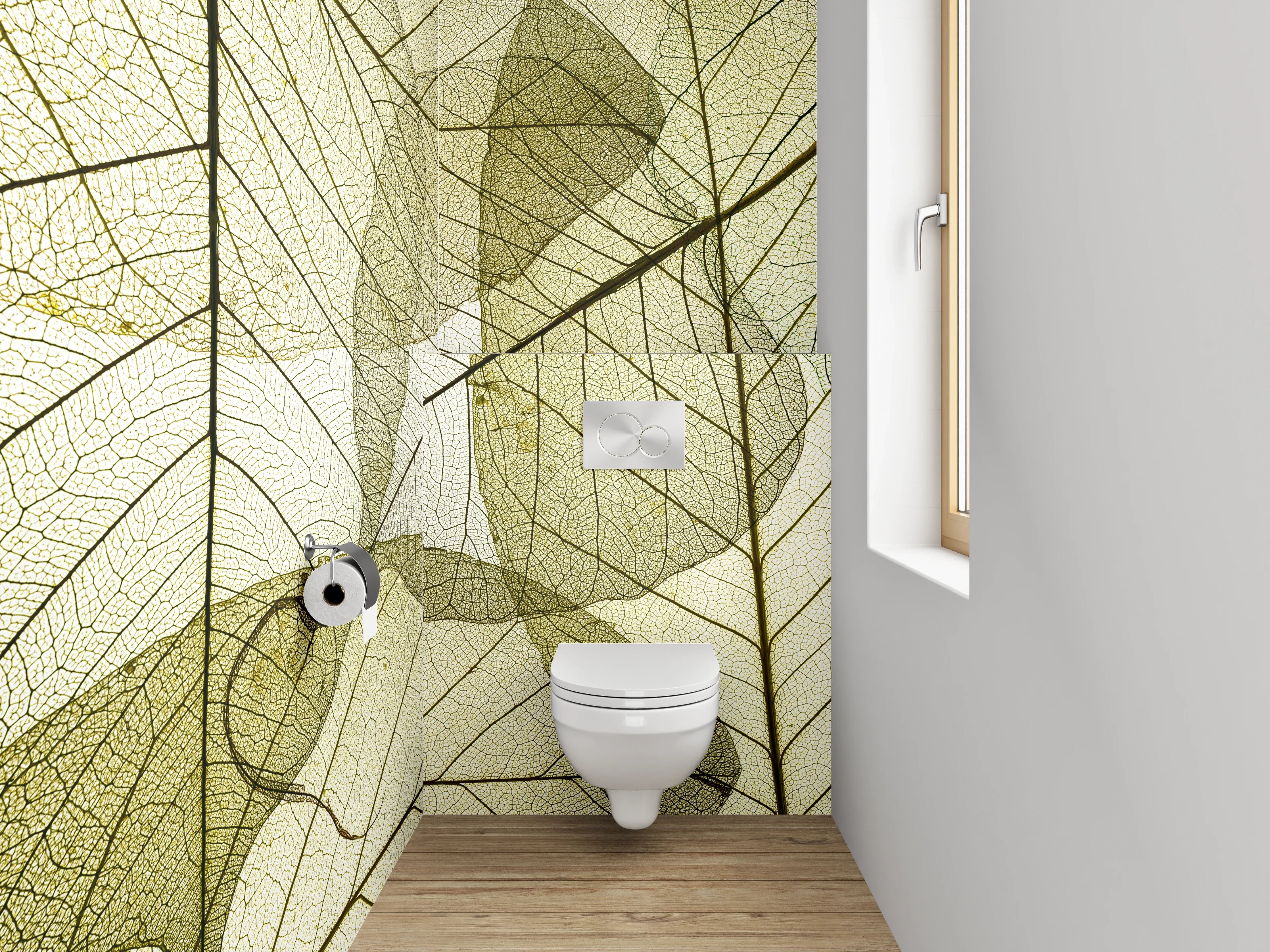 WC-Rückwand - Grauschimmernde Blätter im Licht