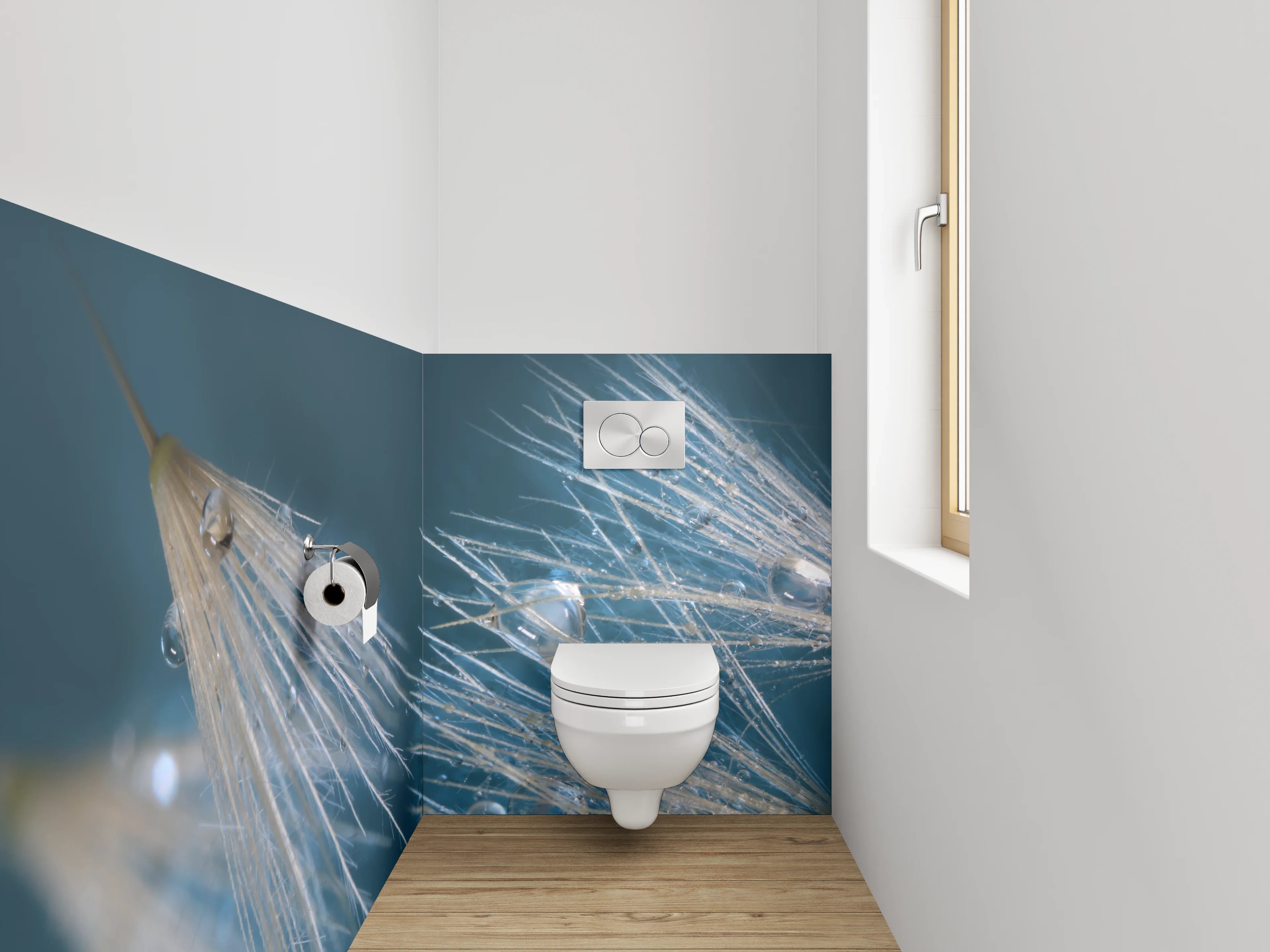 WC-Rückwand - Grauschimmernde Pusteblume mit Morgentau