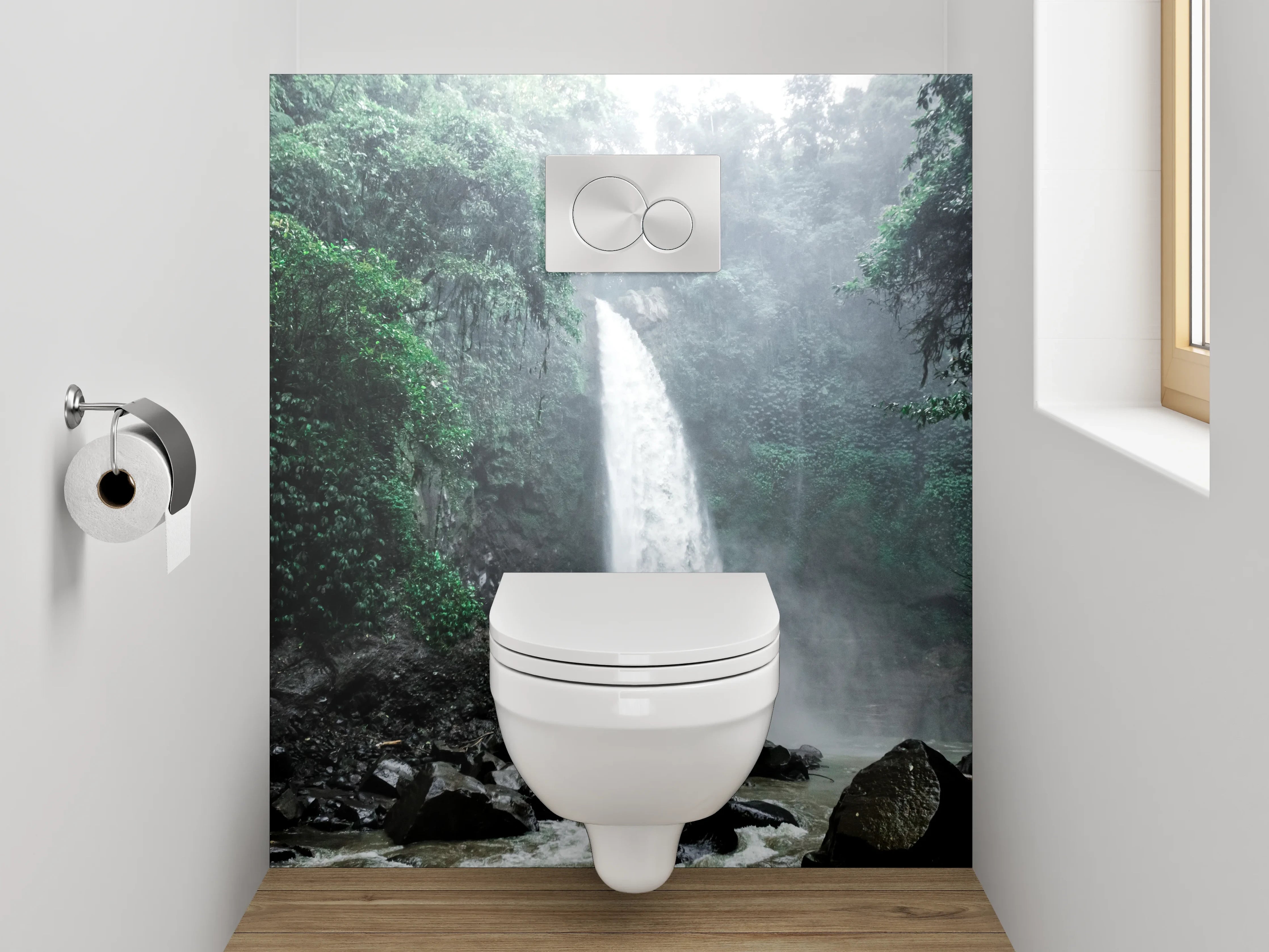WC-Rückwand - Grauschimmernde Wasserfälle im Nebelwald