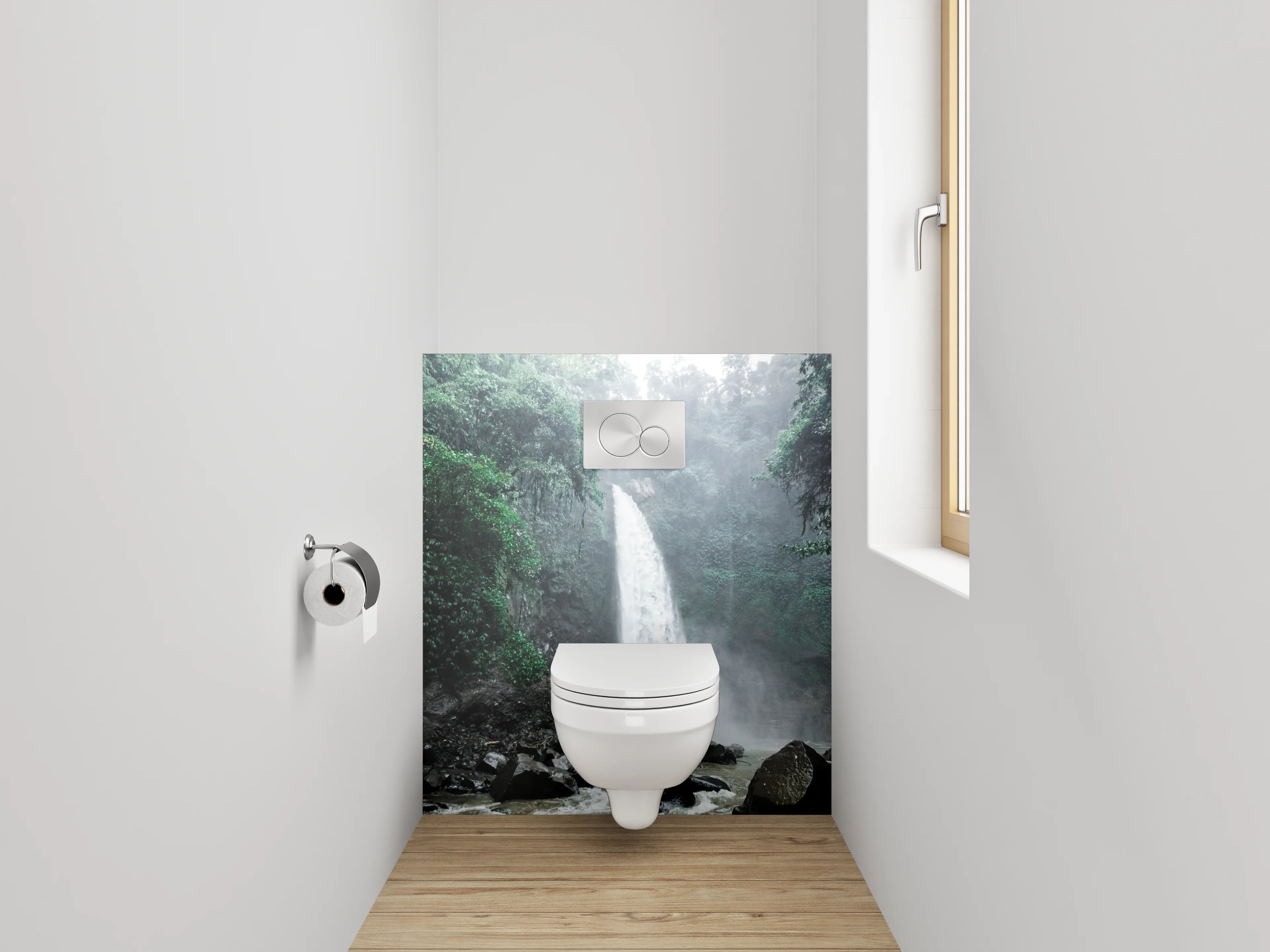 WC-Rückwand - Grauschimmernde Wasserfälle im Nebelwald