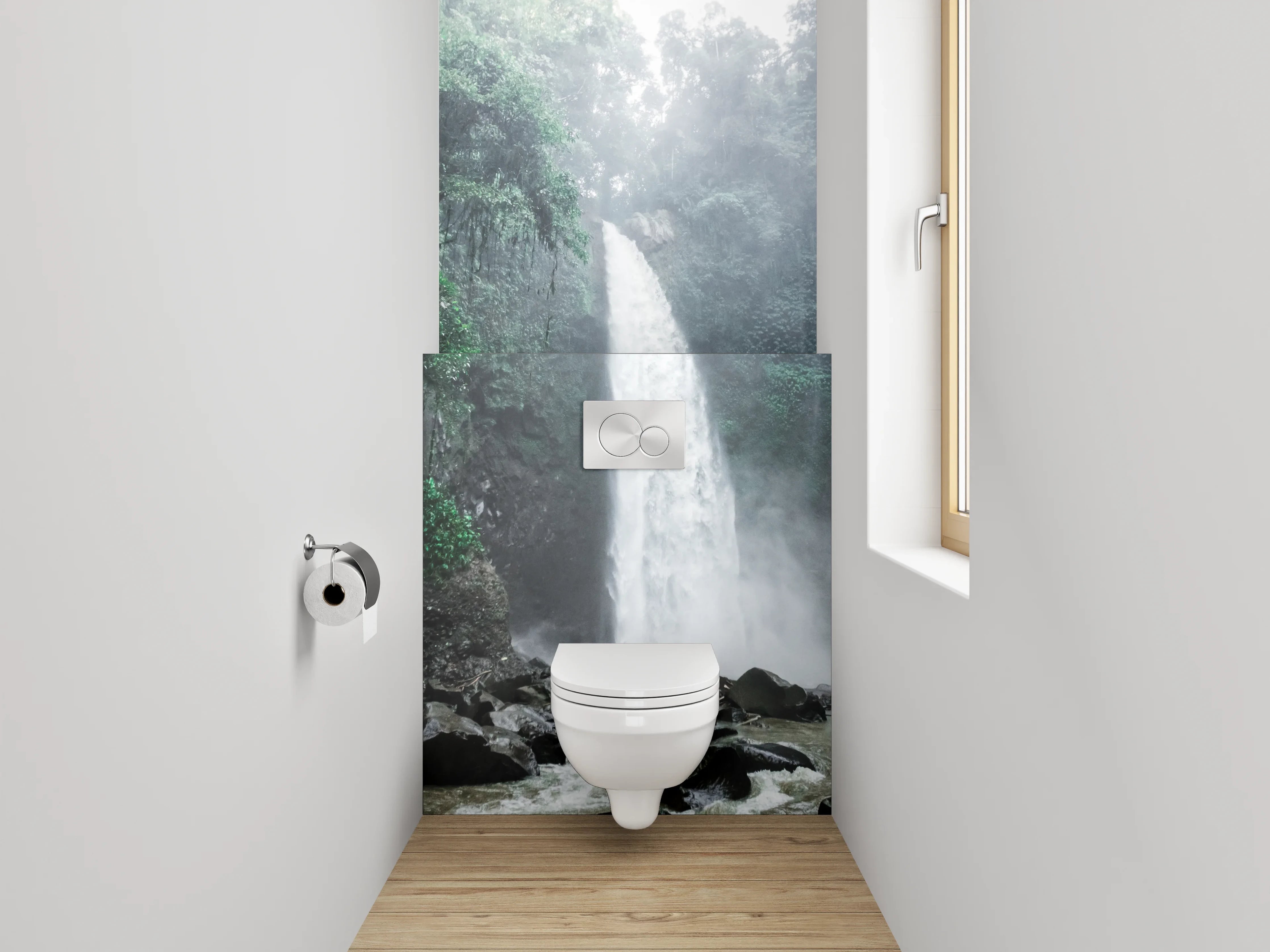 WC-Rückwand - Grauschimmernde Wasserfälle im Nebelwald