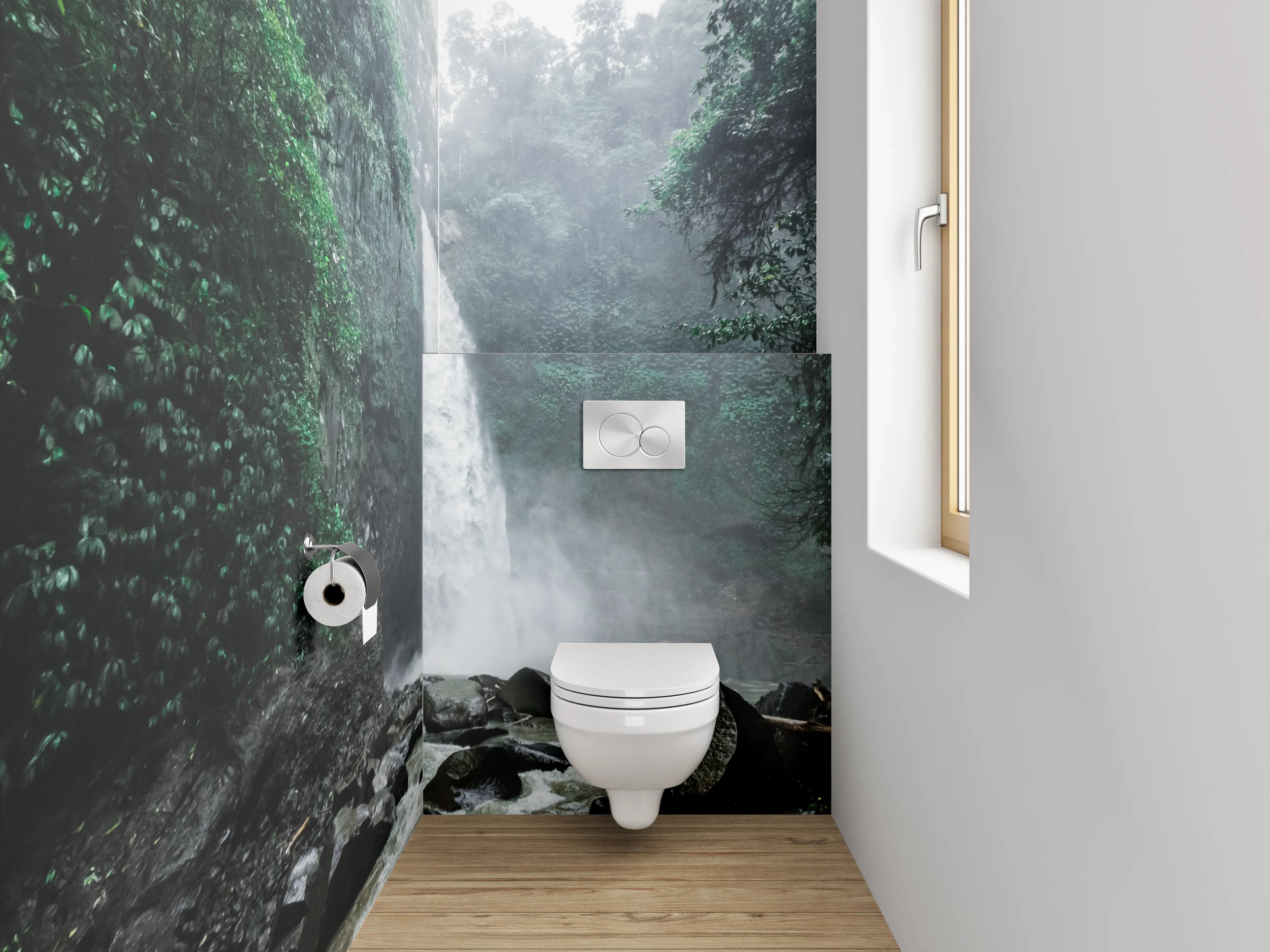 WC-Rückwand - Grauschimmernde Wasserfälle im Nebelwald