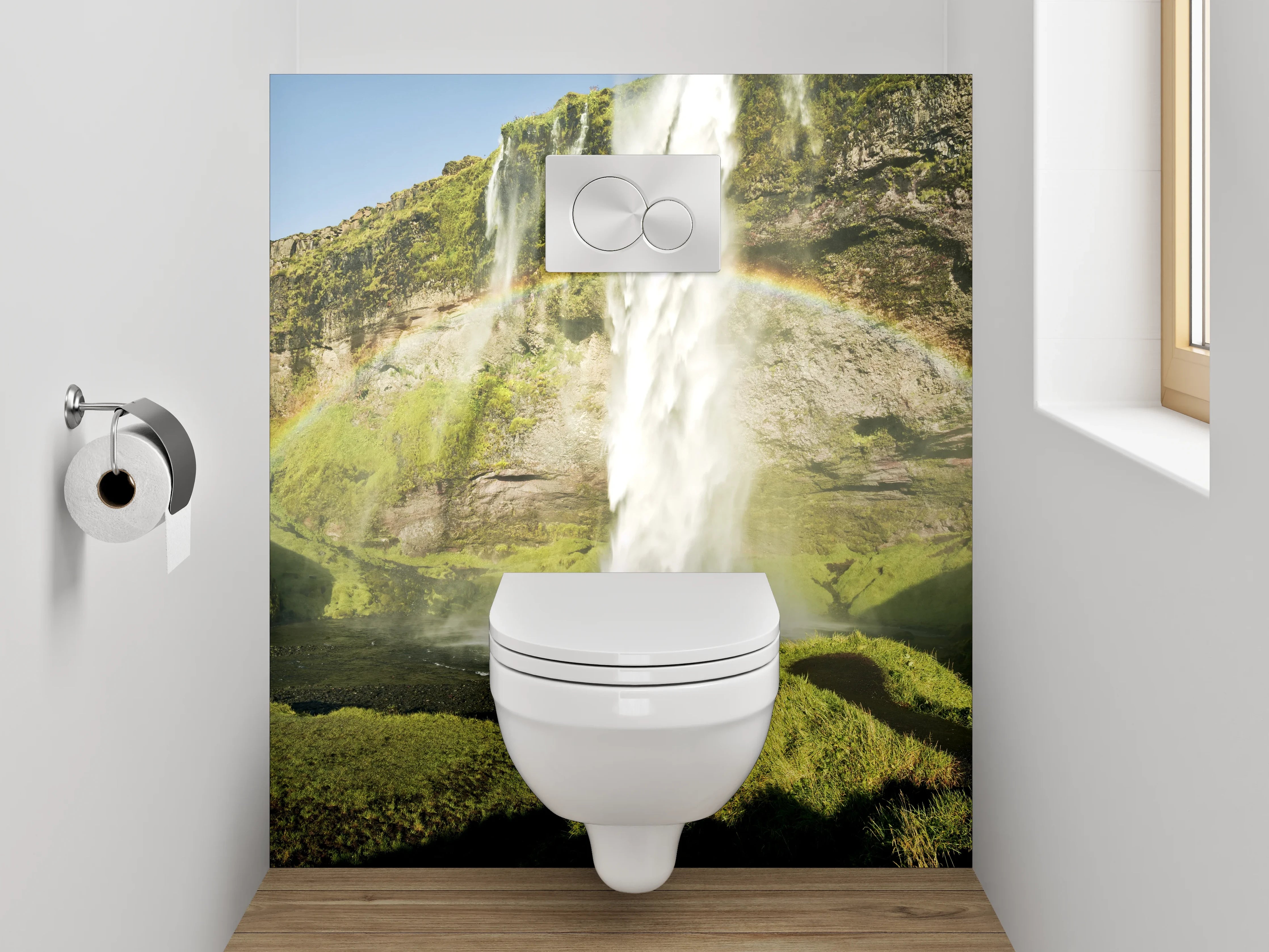 WC-Rückwand - Grauschimmernde Wasserpracht im Lichtspiel