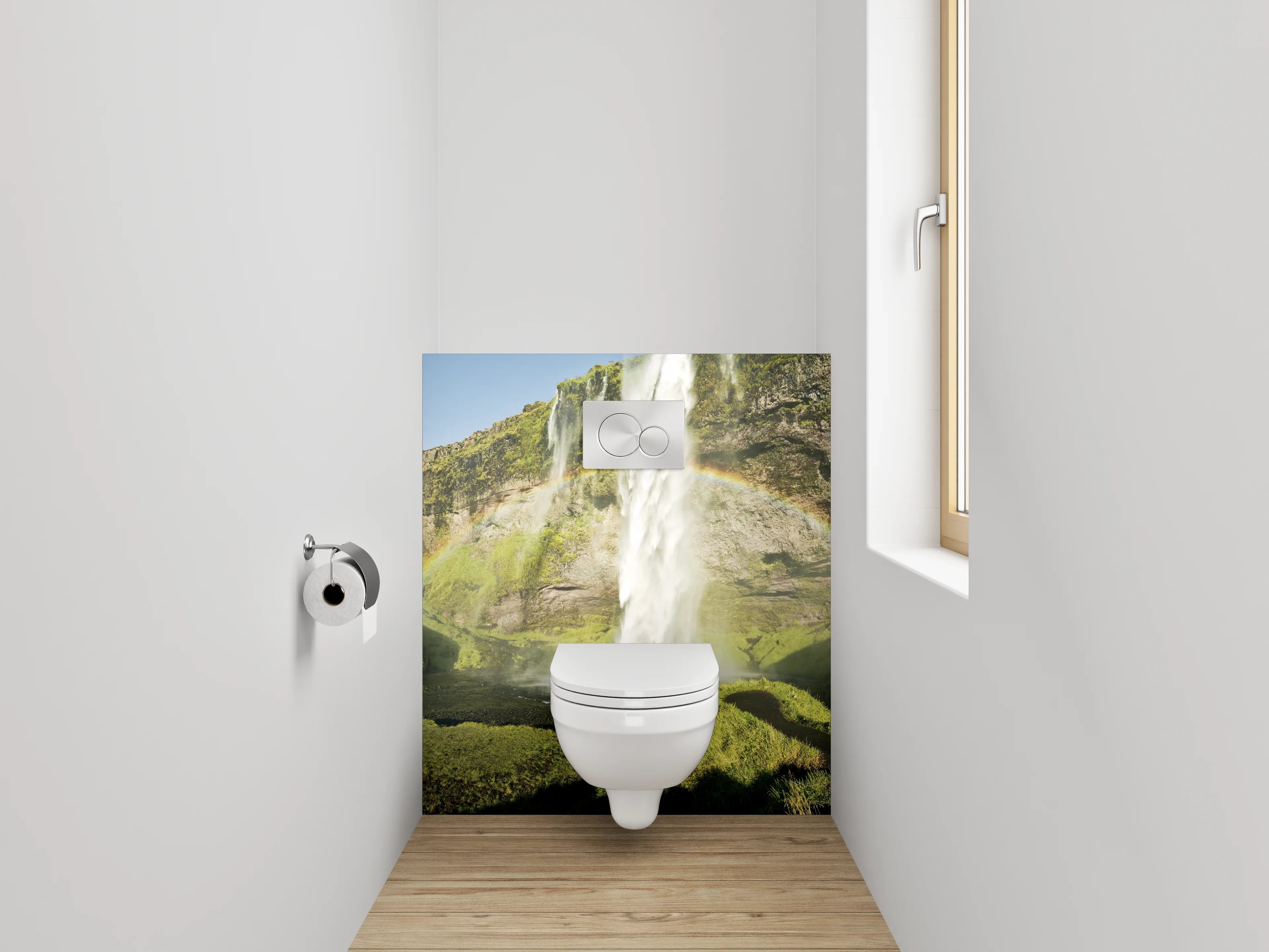 WC-Rückwand - Grauschimmernde Wasserpracht im Lichtspiel