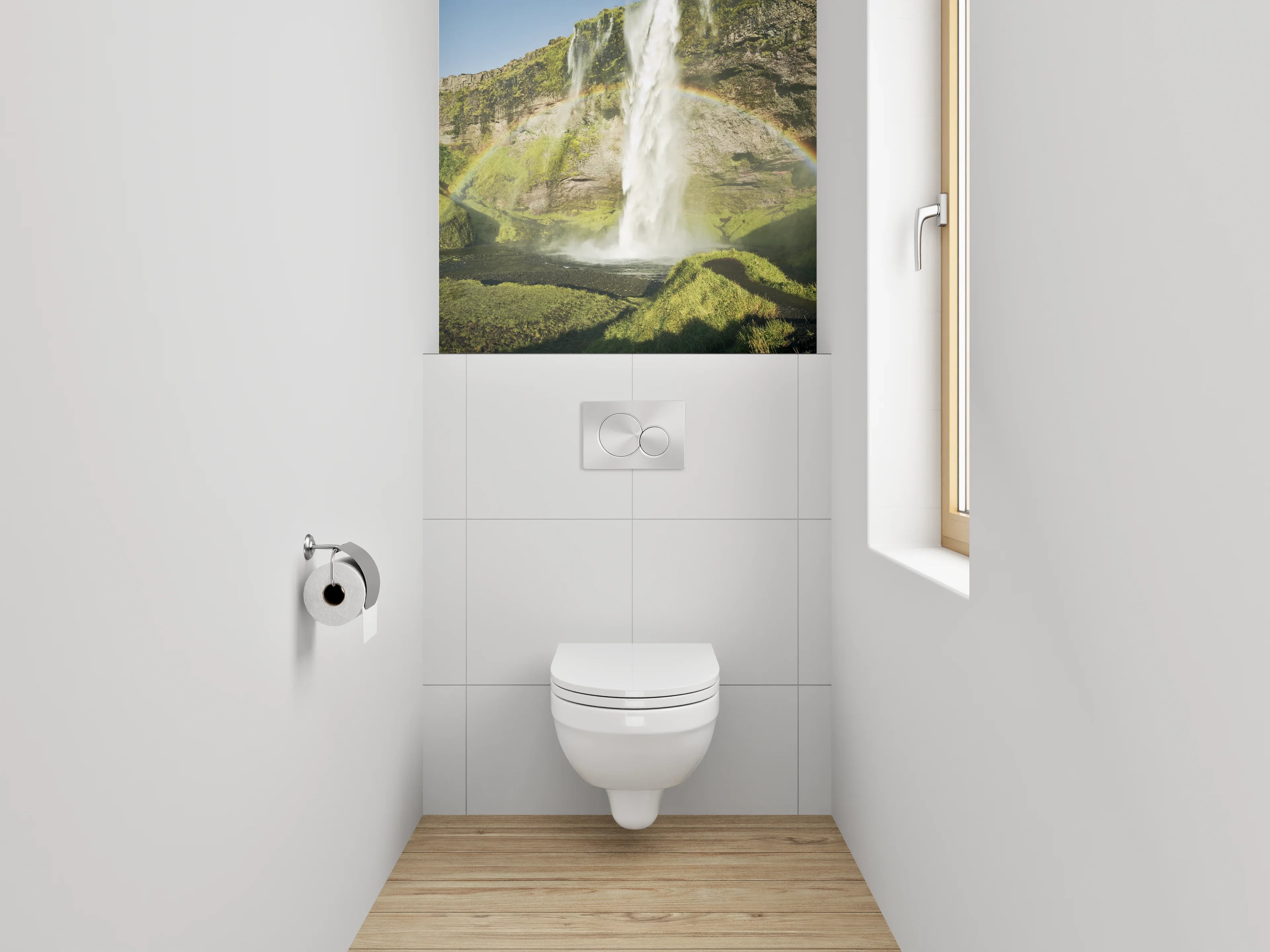 WC-Rückwand - Grauschimmernde Wasserpracht im Lichtspiel
