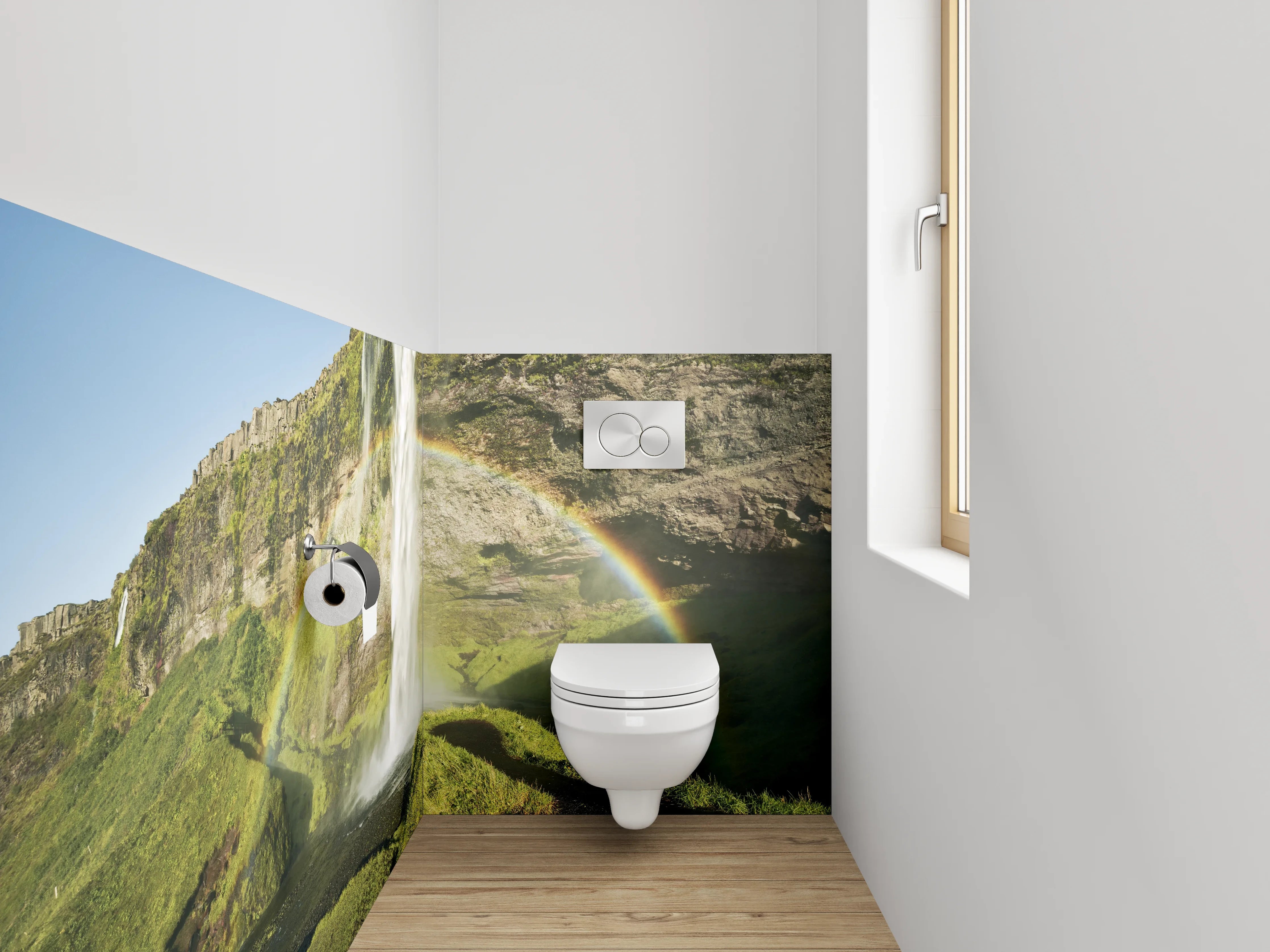 WC-Rückwand - Grauschimmernde Wasserpracht im Lichtspiel