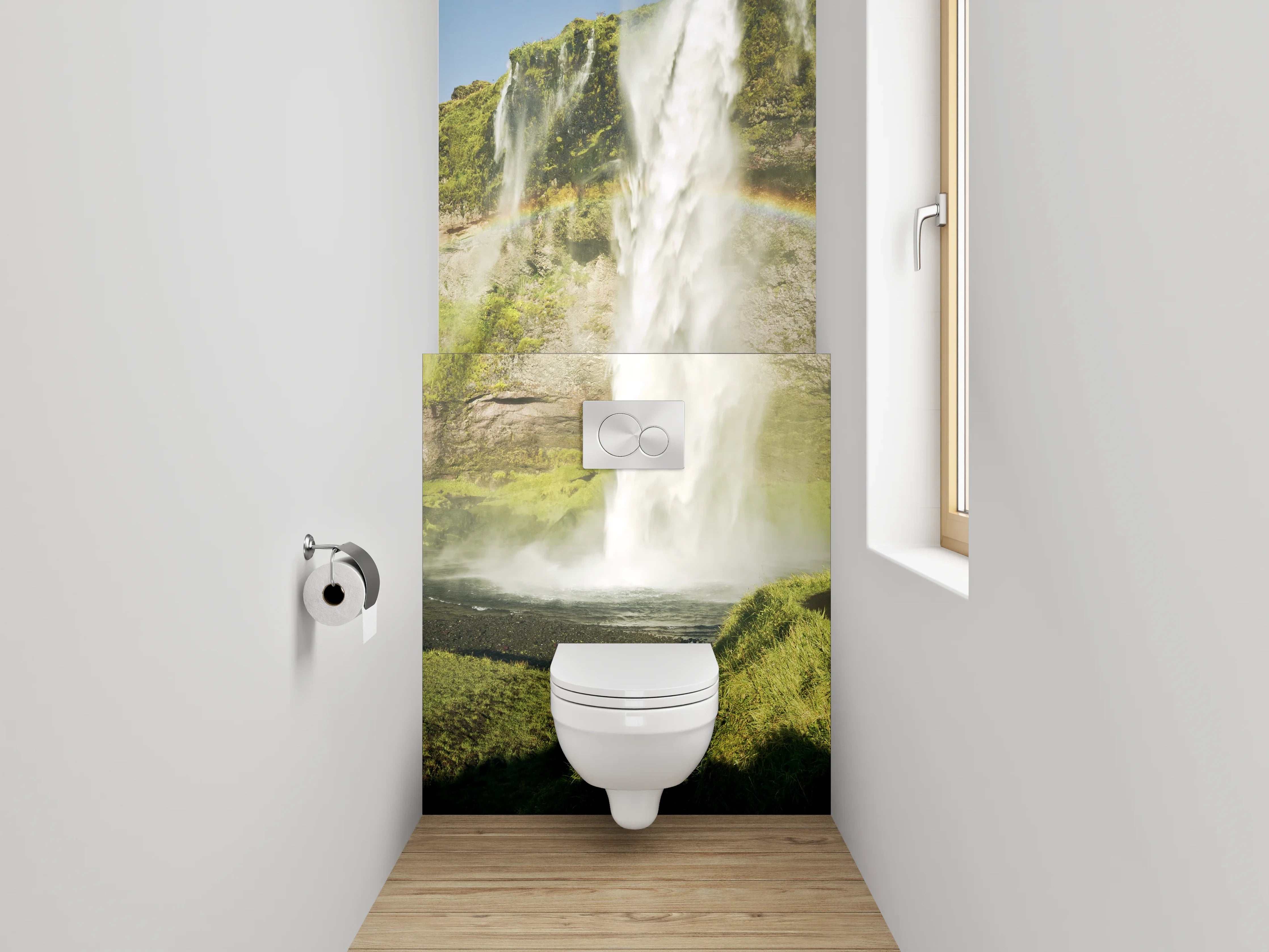 WC-Rückwand - Grauschimmernde Wasserpracht im Lichtspiel