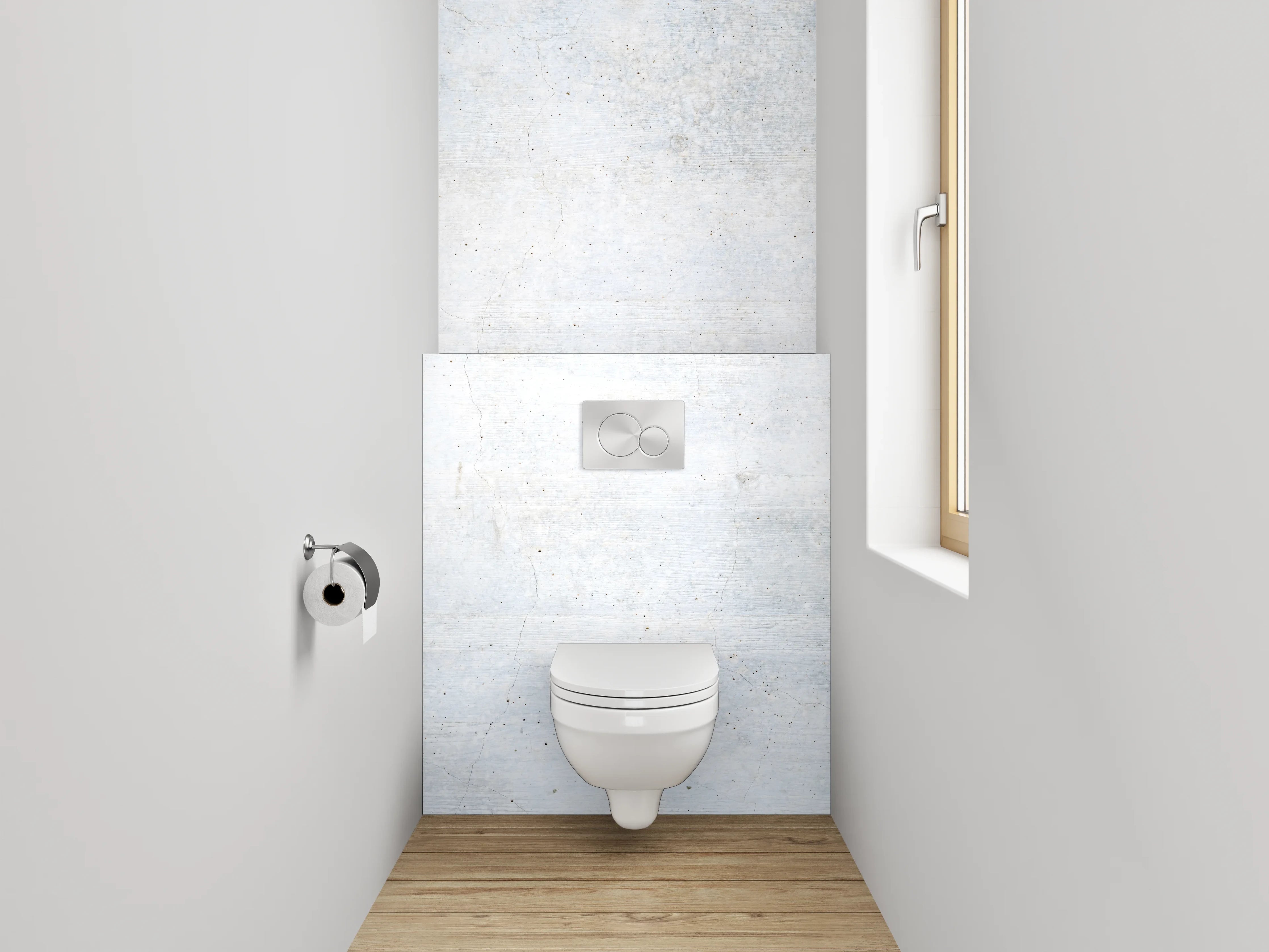 WC-Rückwand - Grauschimmernde Weißbeton-Ästhetik