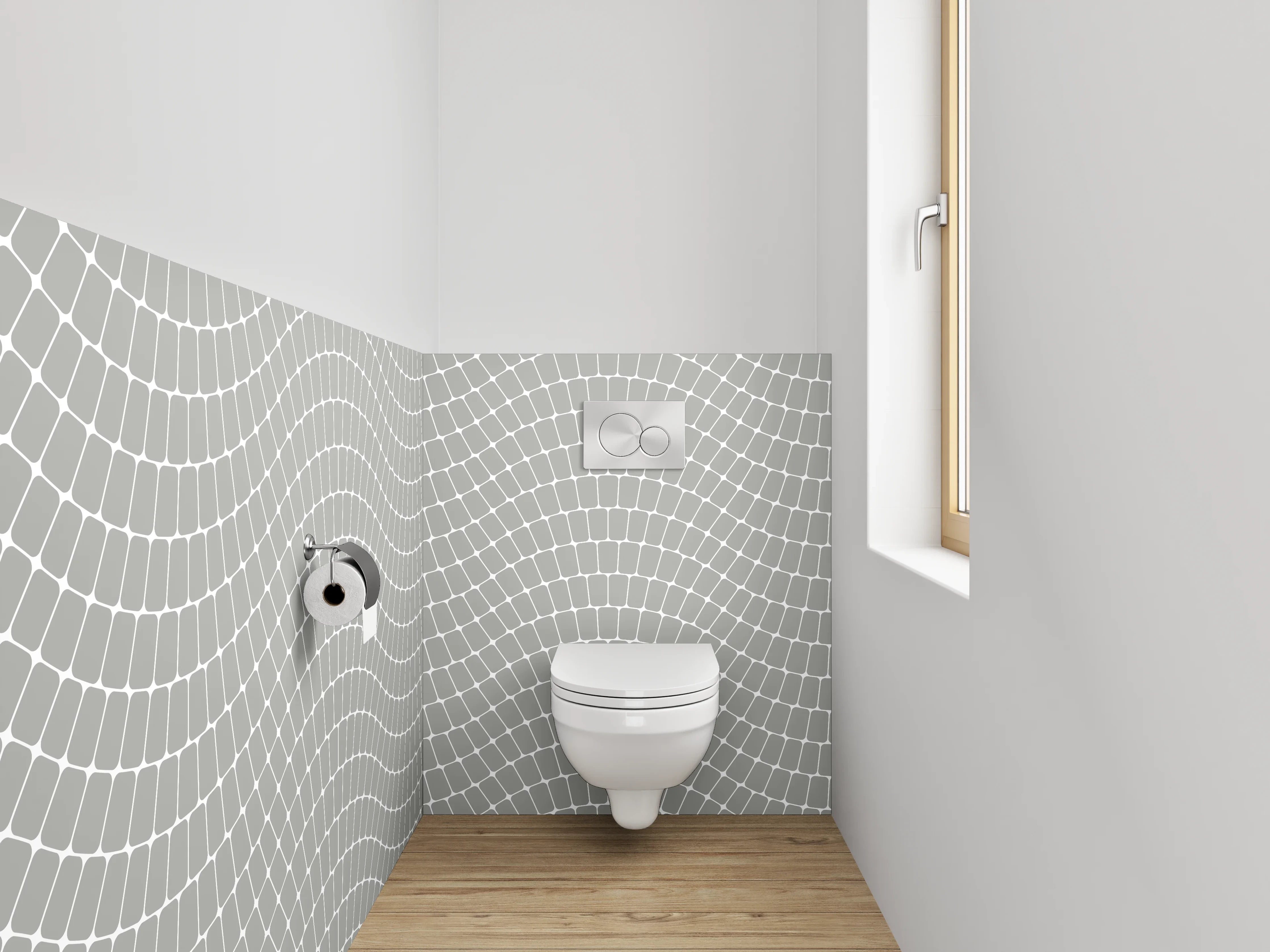 WC-Rückwand - Grauschimmernde Wellen auf Weiß