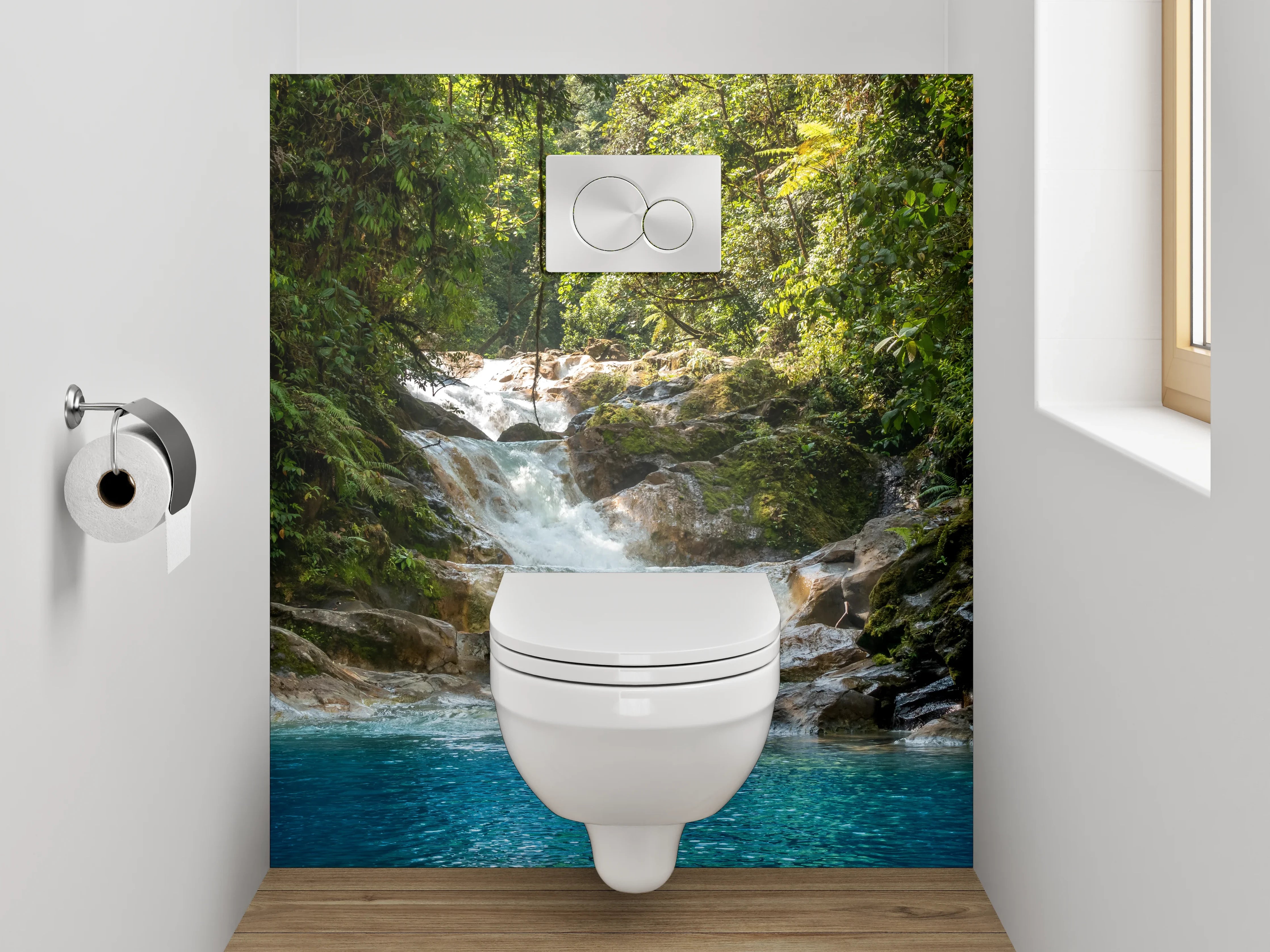 WC-Rückwand - Grauschimmernder Wasserfall im weißen Urwald