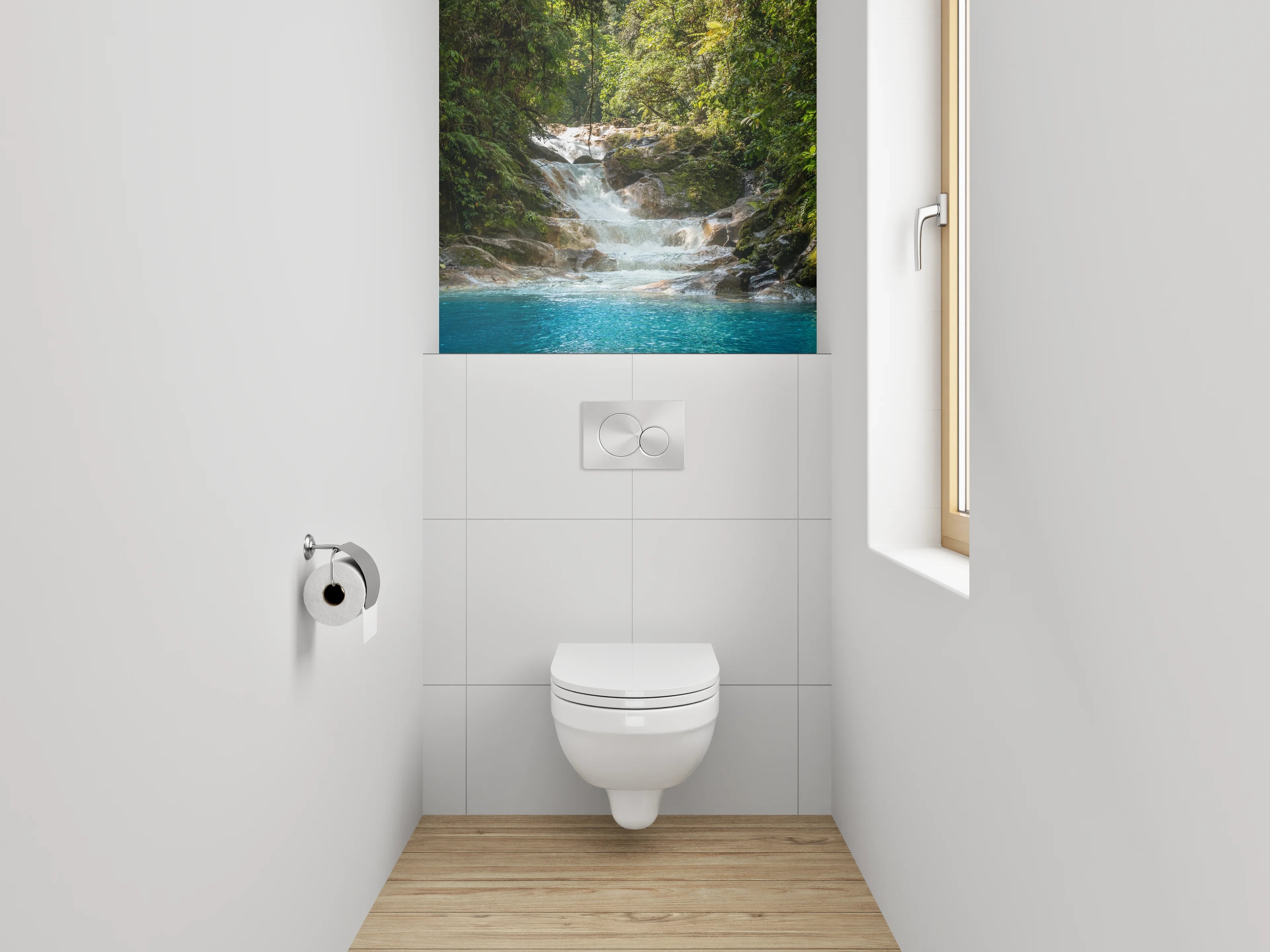 WC-Rückwand - Grauschimmernder Wasserfall im weißen Urwald