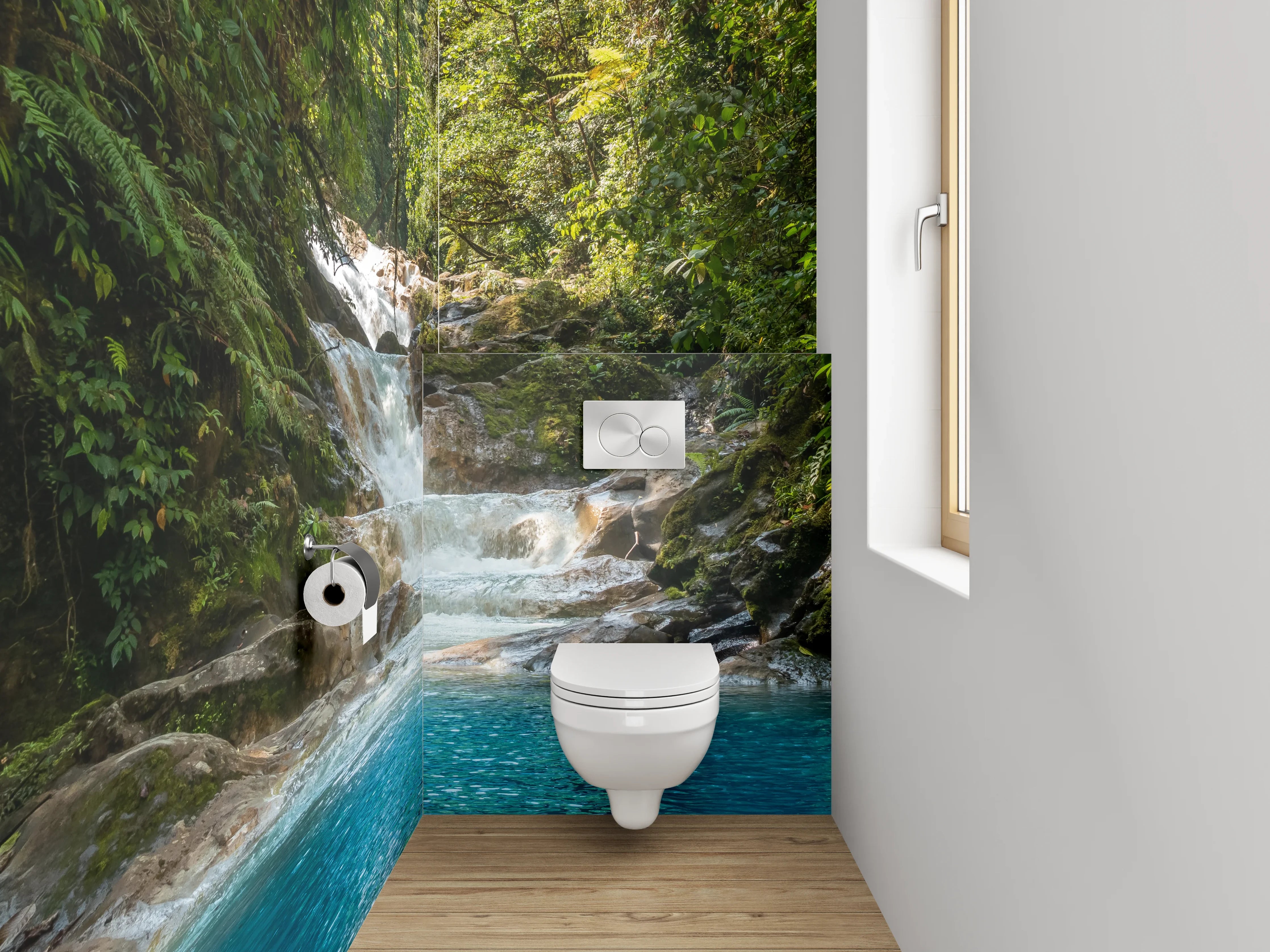 WC-Rückwand - Grauschimmernder Wasserfall im weißen Urwald