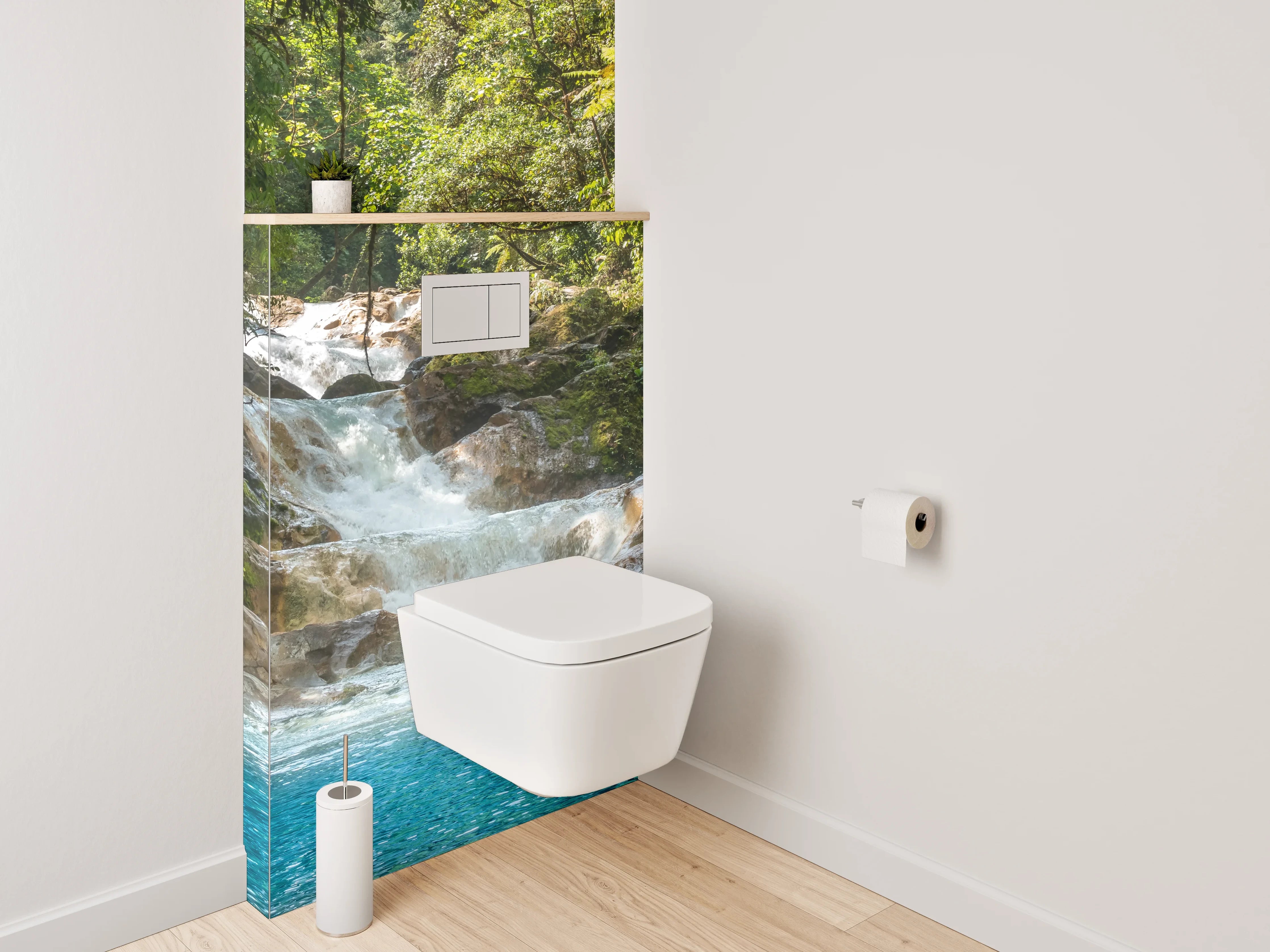 WC-Rückwand - Grauschimmernder Wasserfall im weißen Urwald