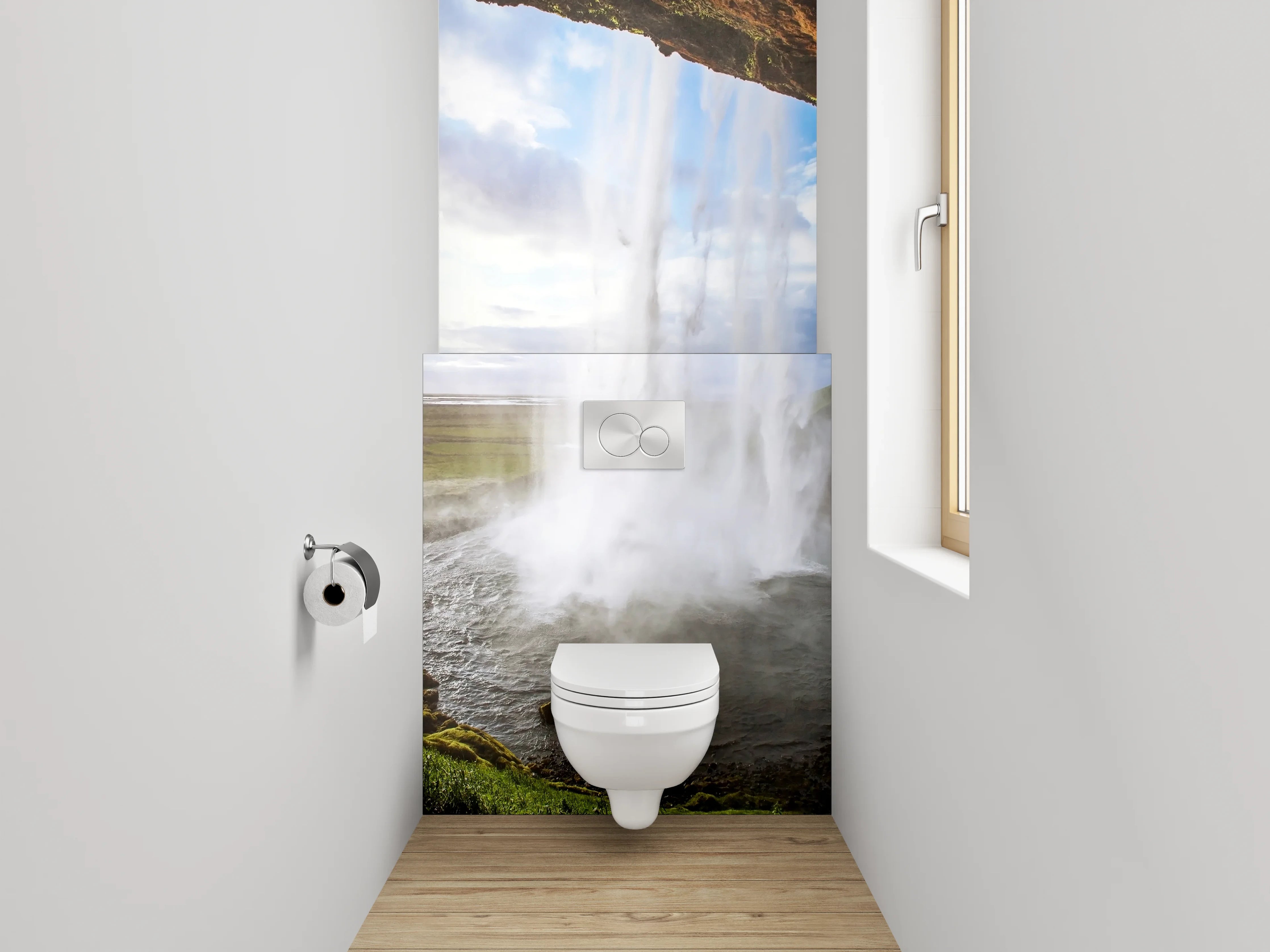 WC-Rückwand - Grauschimmerndes Wasserfall-Panorama Island