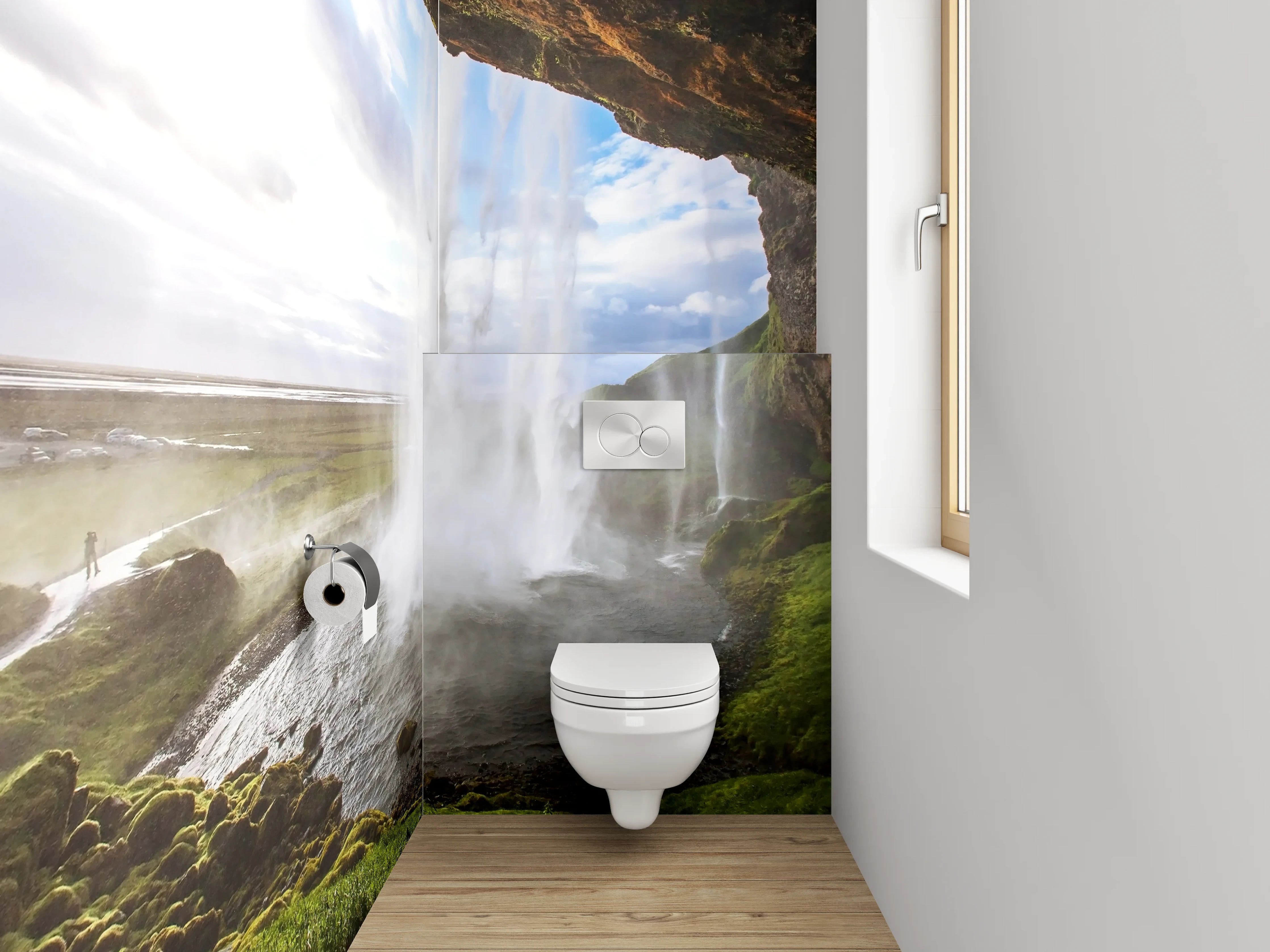 WC-Rückwand - Grauschimmerndes Wasserfall-Panorama Island