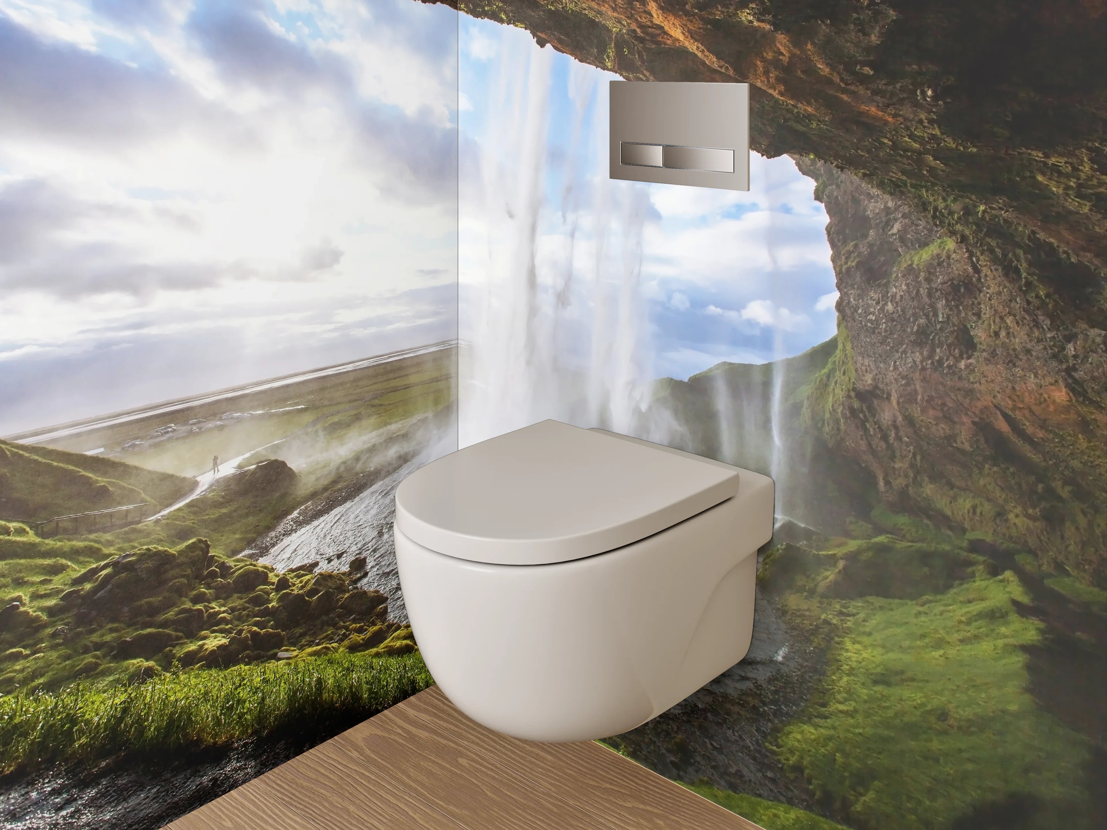 WC-Rückwand - Grauschimmerndes Wasserfall-Panorama Island
