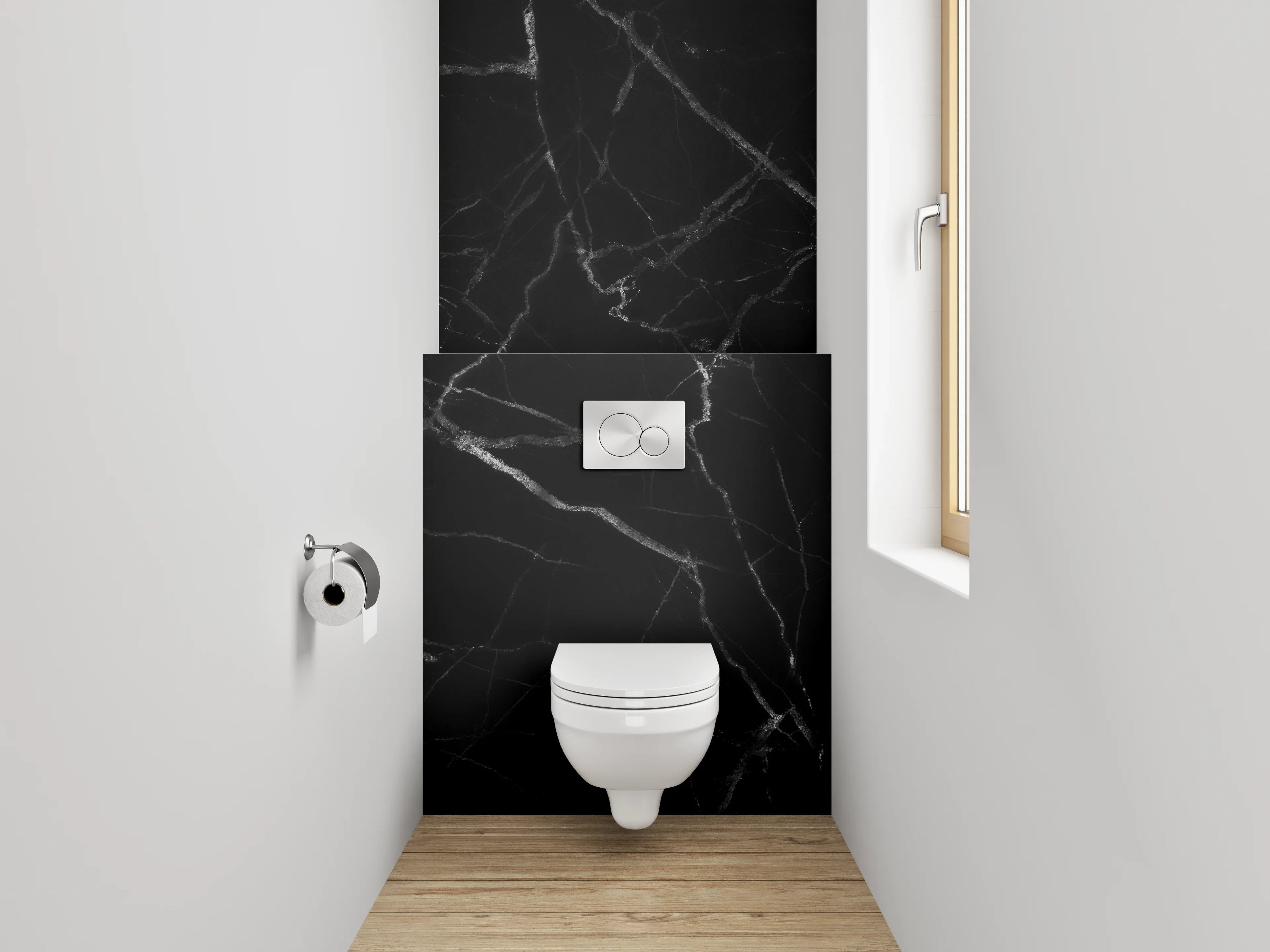 WC-Rückwand - Grauschleier auf weißem Stein