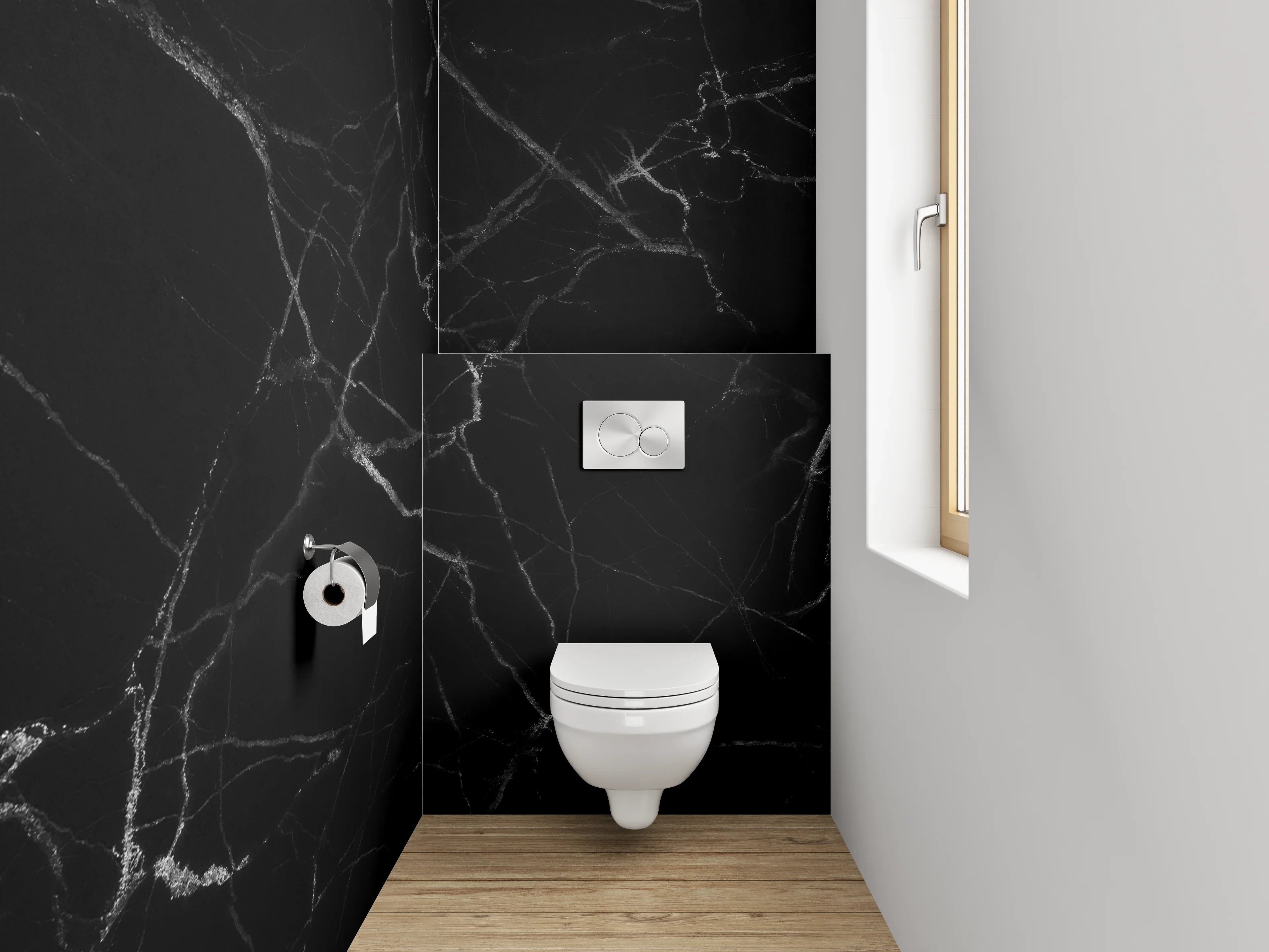 WC-Rückwand - Grauschleier auf weißem Stein