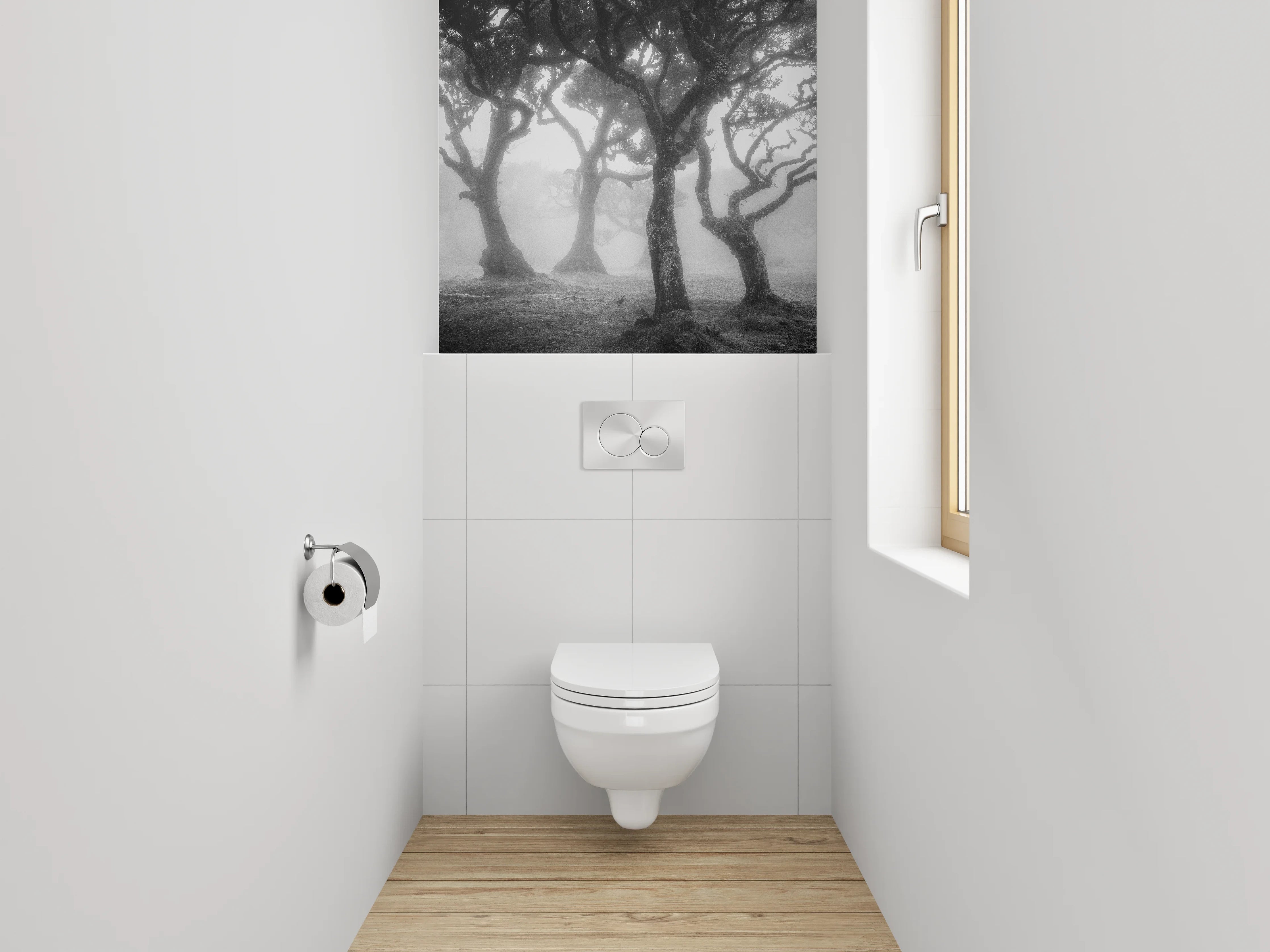 WC-Rückwand - Grauschleier über weißen Waldträumen