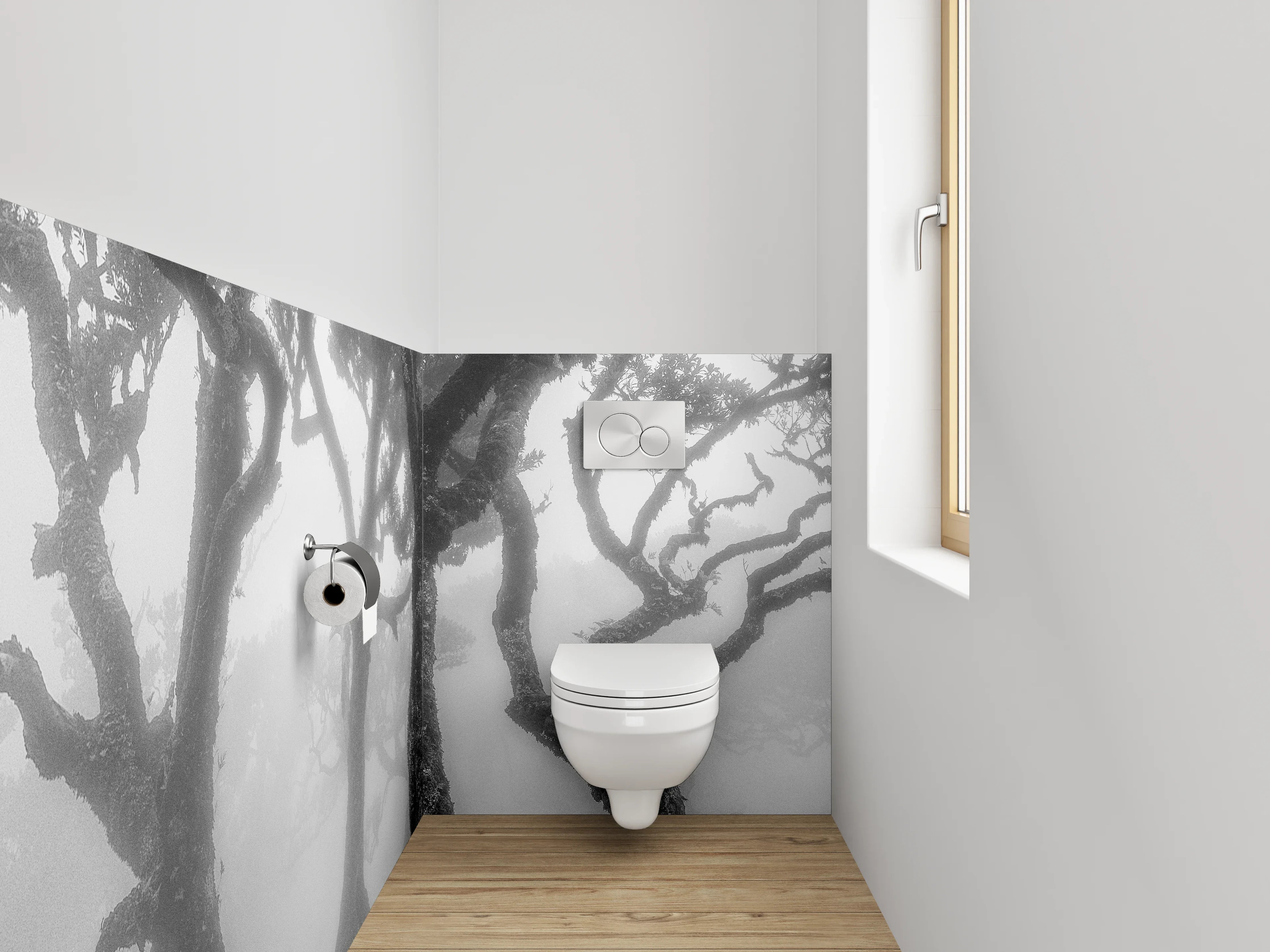 WC-Rückwand - Grauschleier über weißen Waldträumen