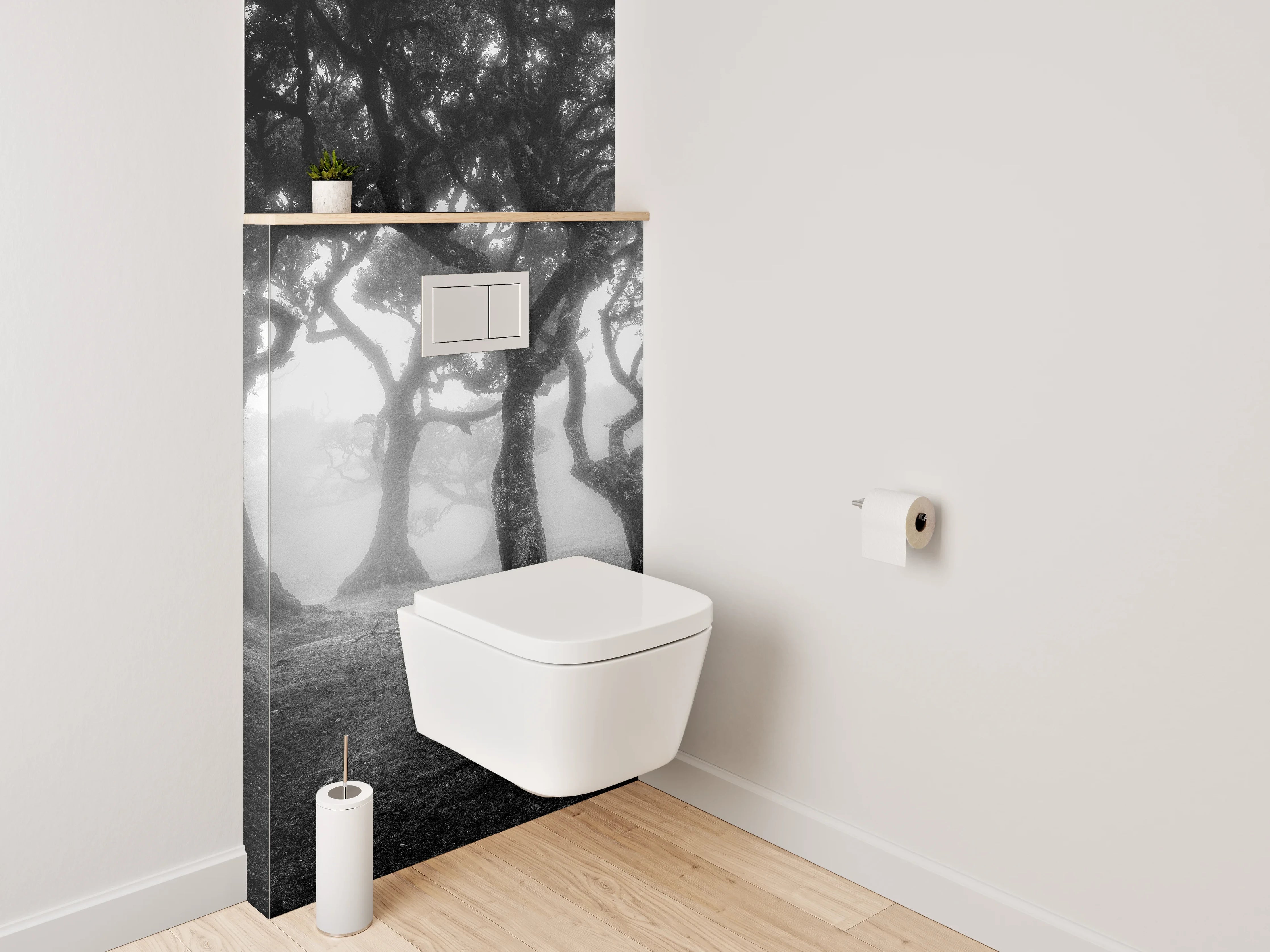 WC-Rückwand - Grauschleier über weißen Waldträumen
