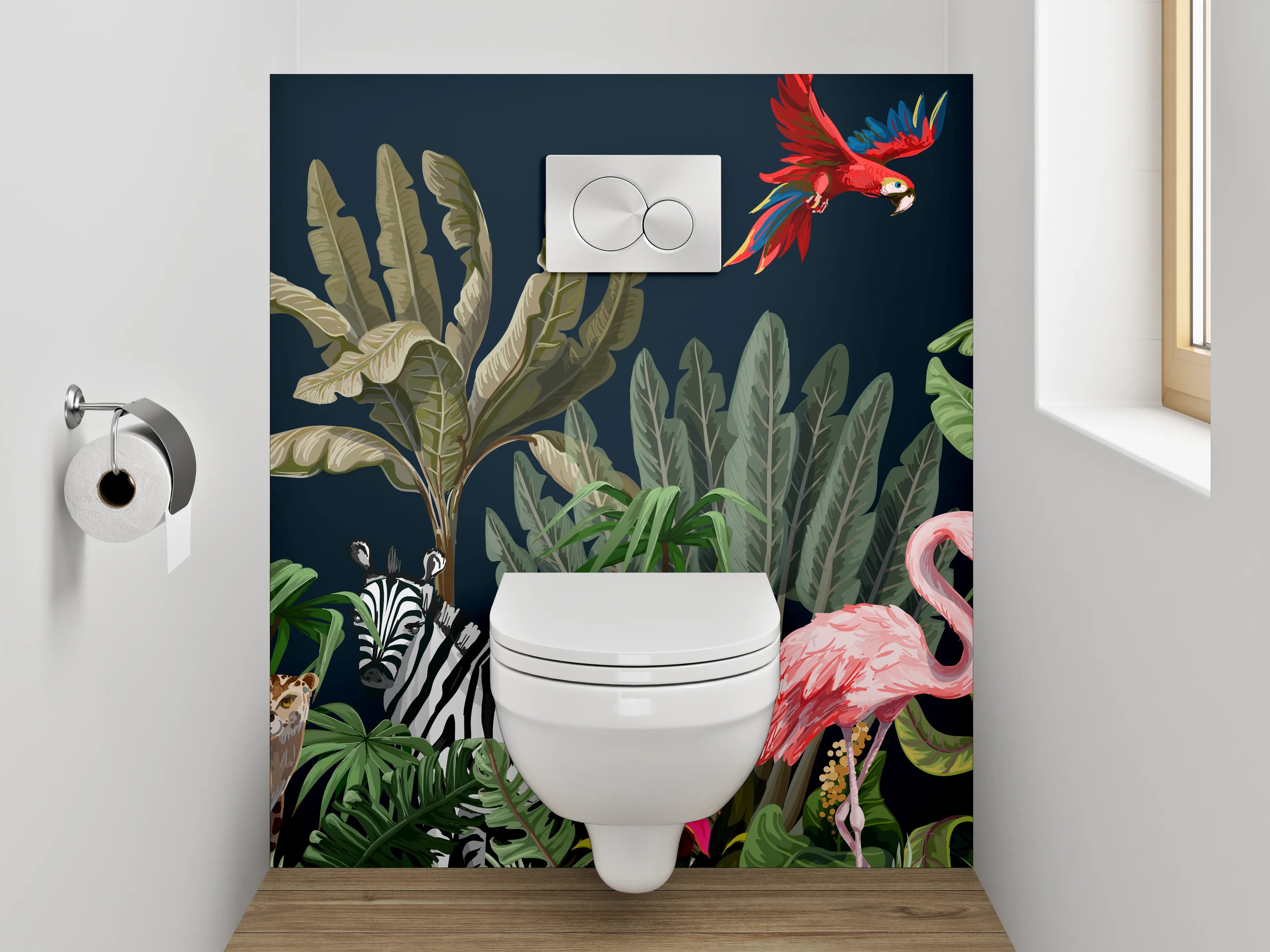 WC-Rückwand - Grautönige Dschungeltiere auf Weiß