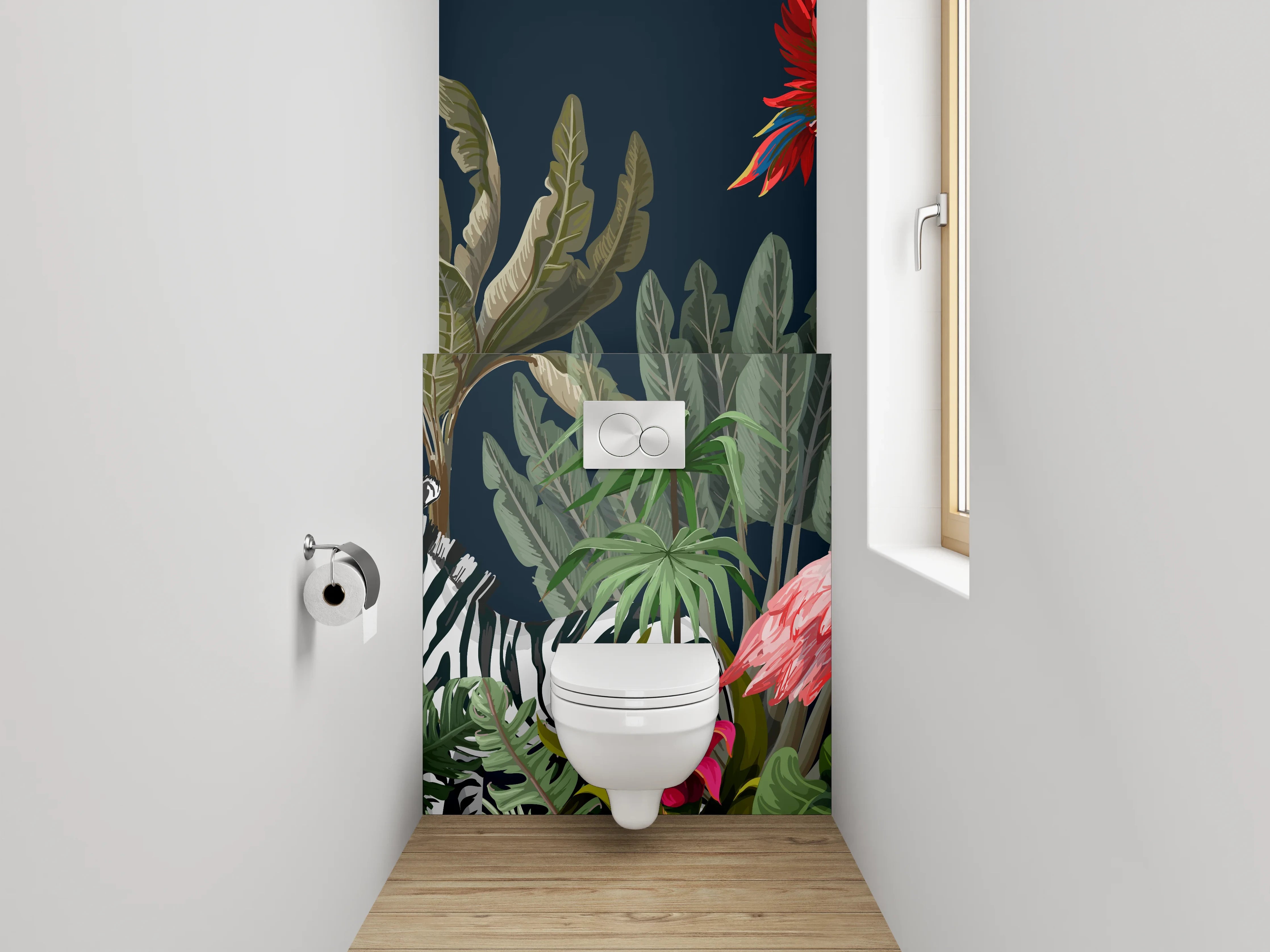 WC-Rückwand - Grautönige Dschungeltiere auf Weiß