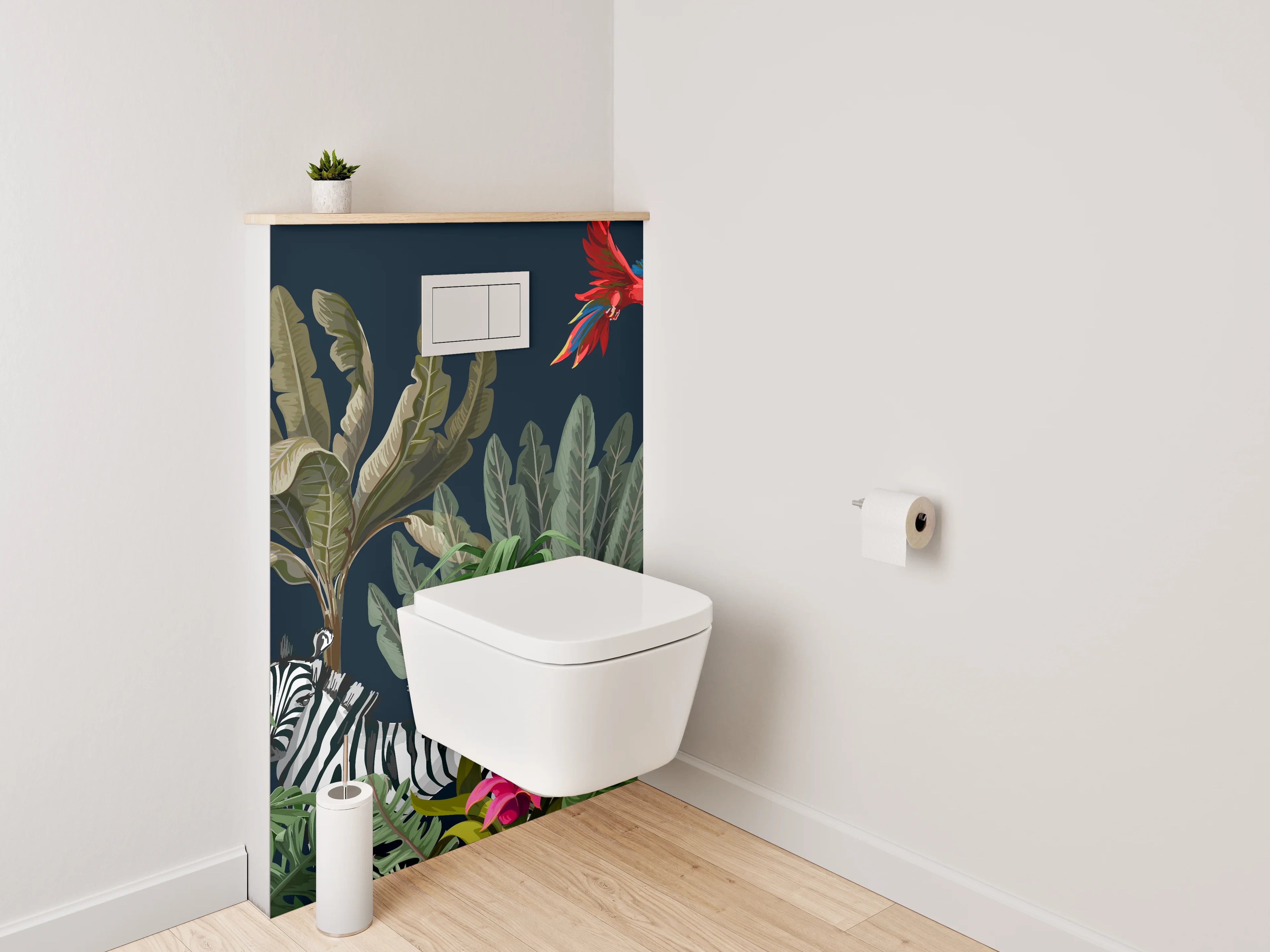 WC-Rückwand - Grautönige Dschungeltiere auf Weiß