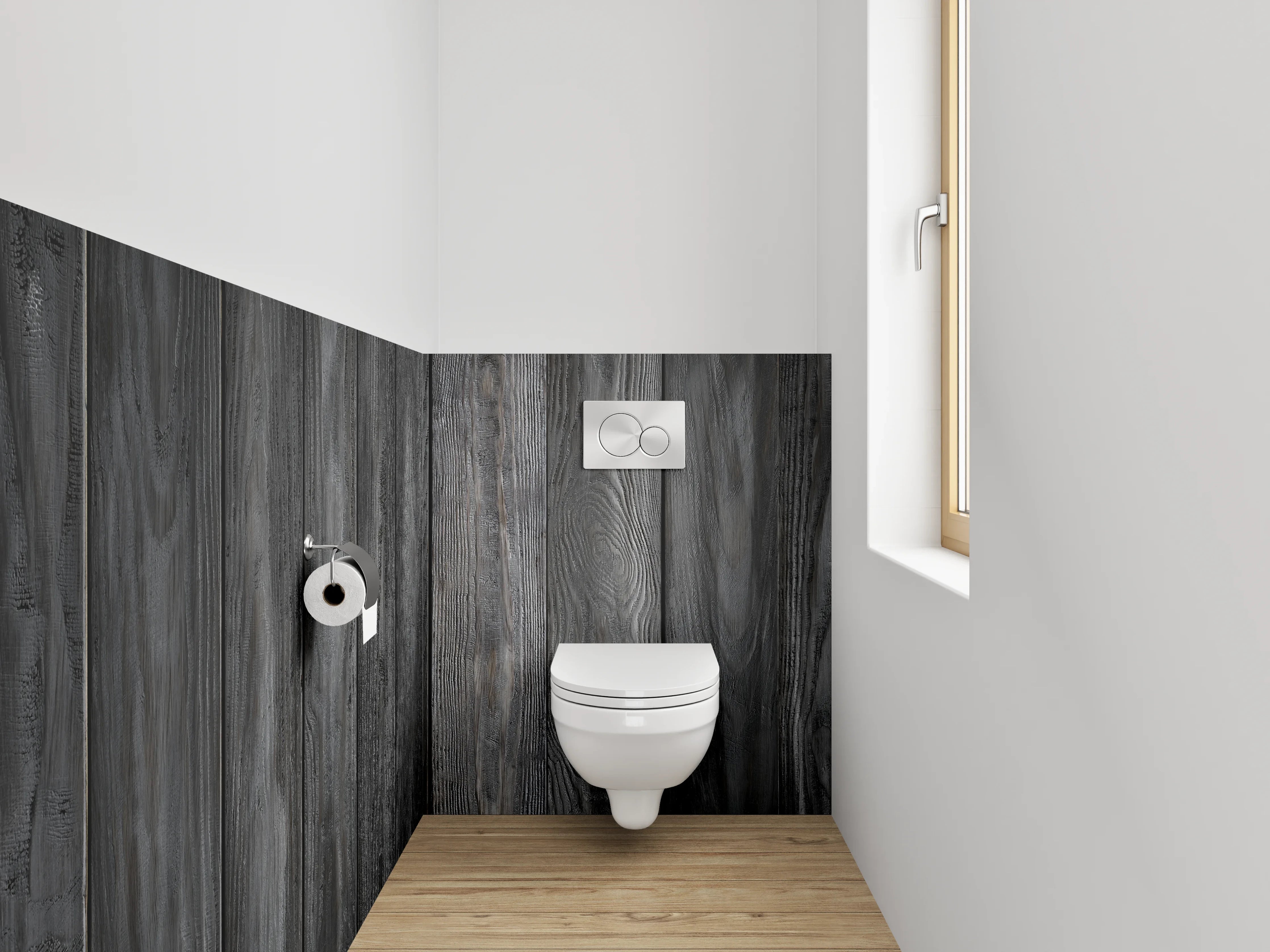 WC-Rückwand - Grauweiße Holzvertäfelung