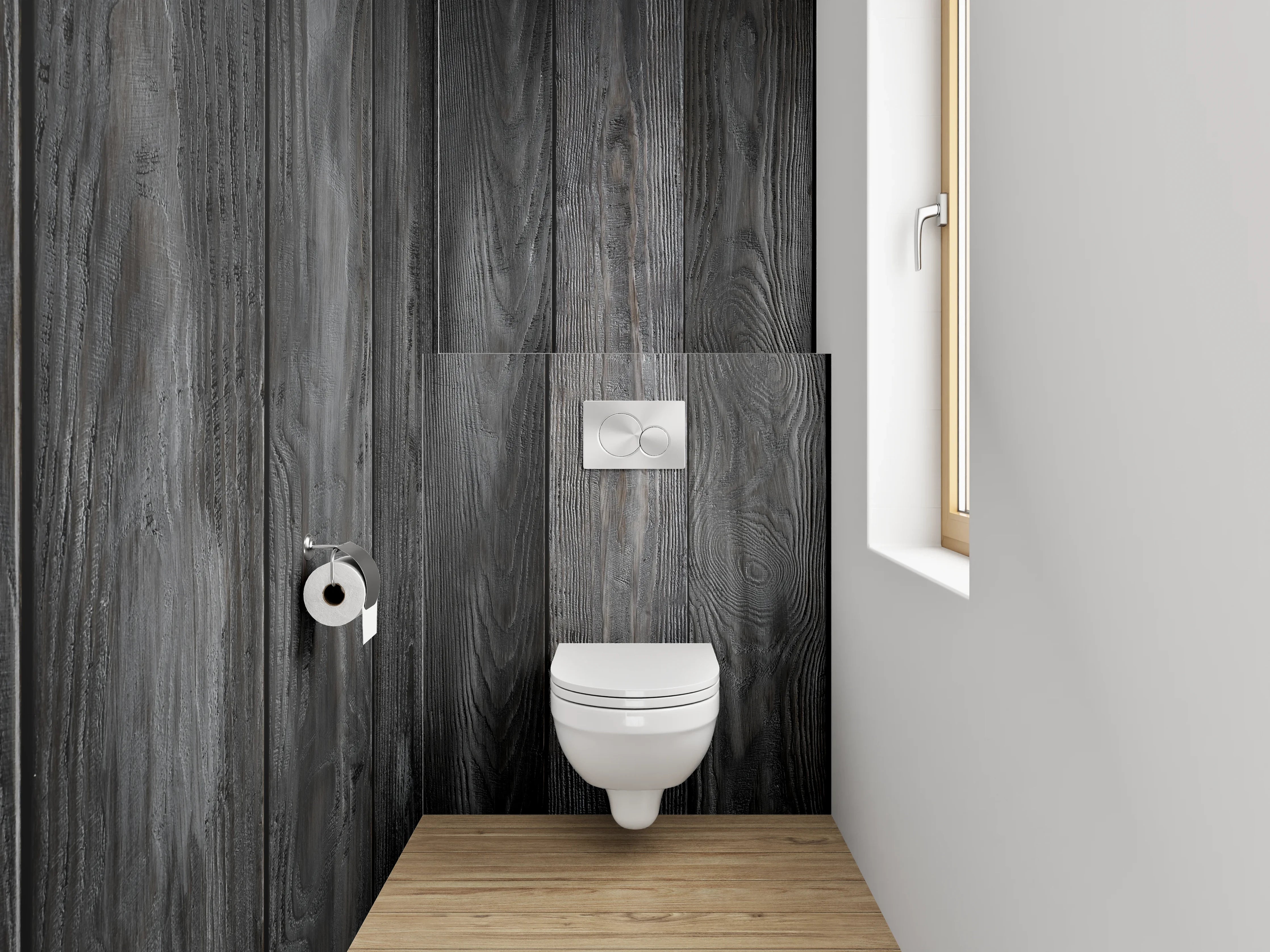 WC-Rückwand - Grauweiße Holzvertäfelung