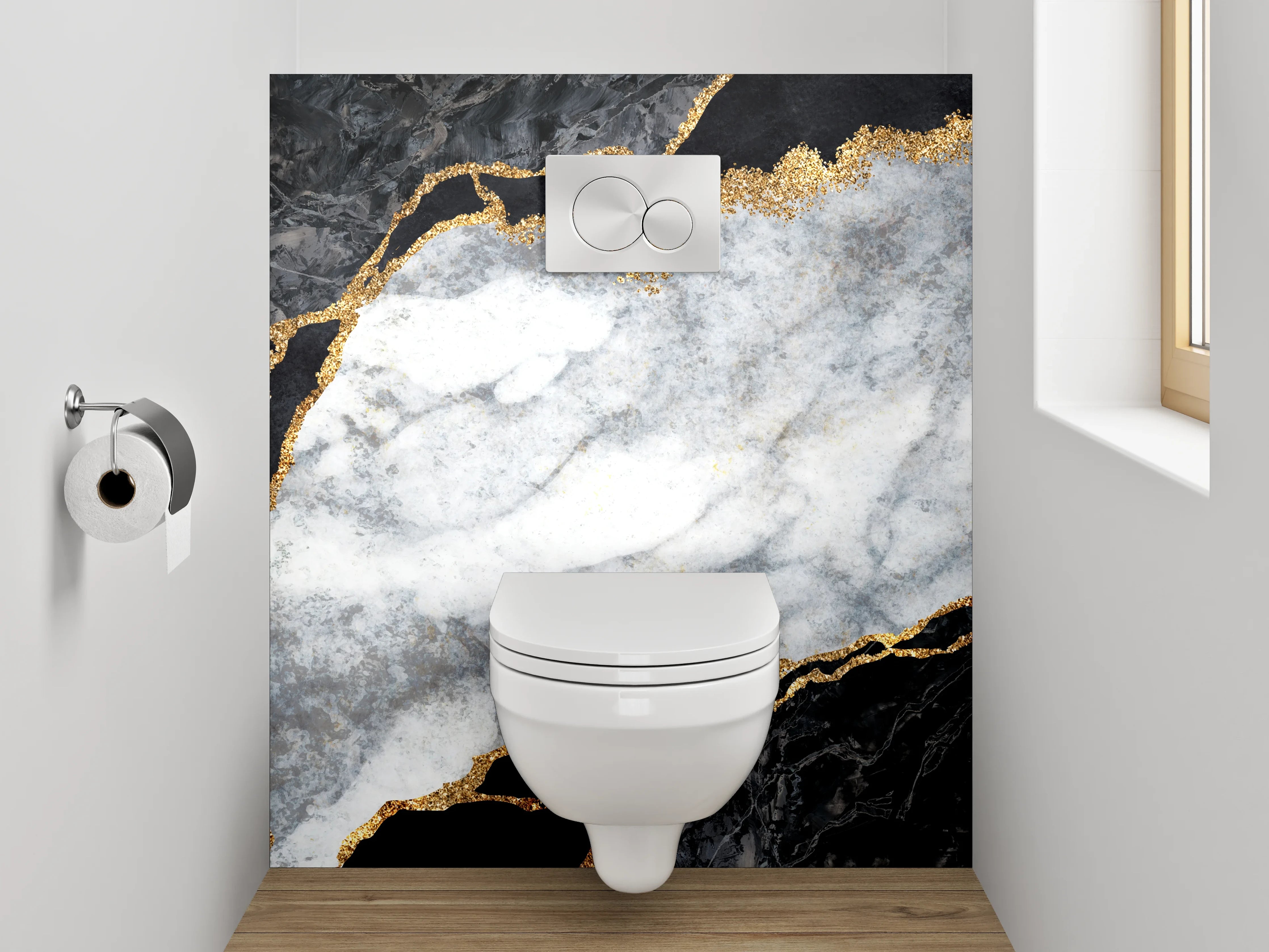 WC-Rückwand - Grauweißer Marmor mit Goldakzent