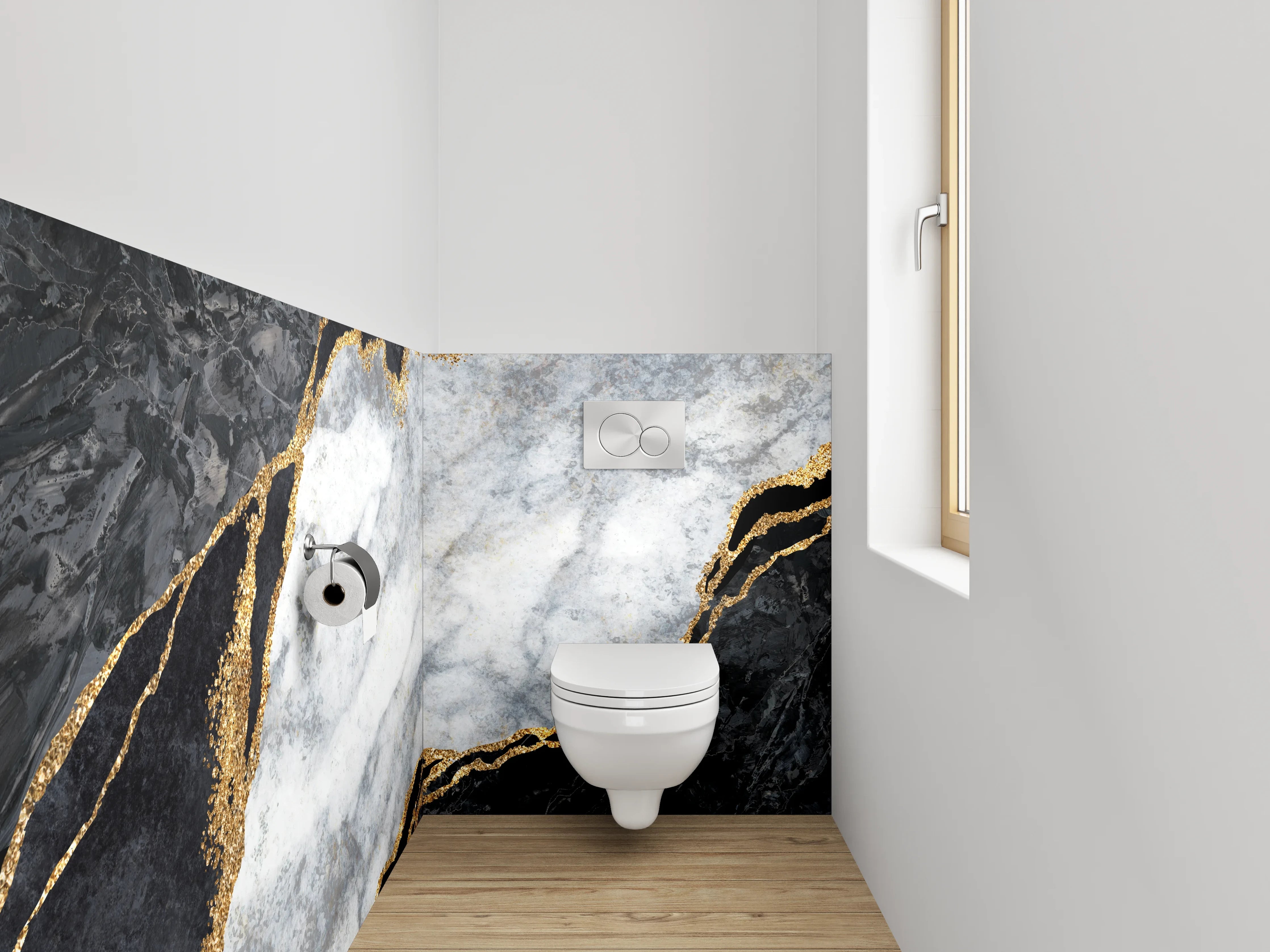 WC-Rückwand - Grauweißer Marmor mit Goldakzent
