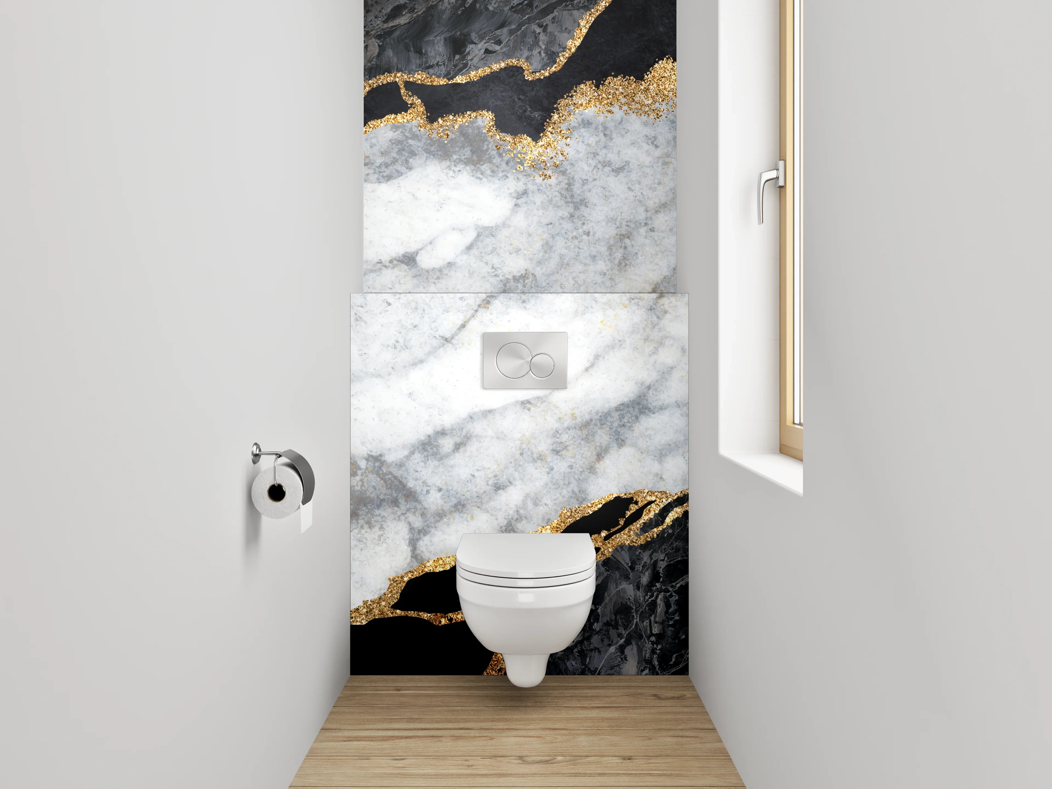 WC-Rückwand - Grauweißer Marmor mit Goldakzent