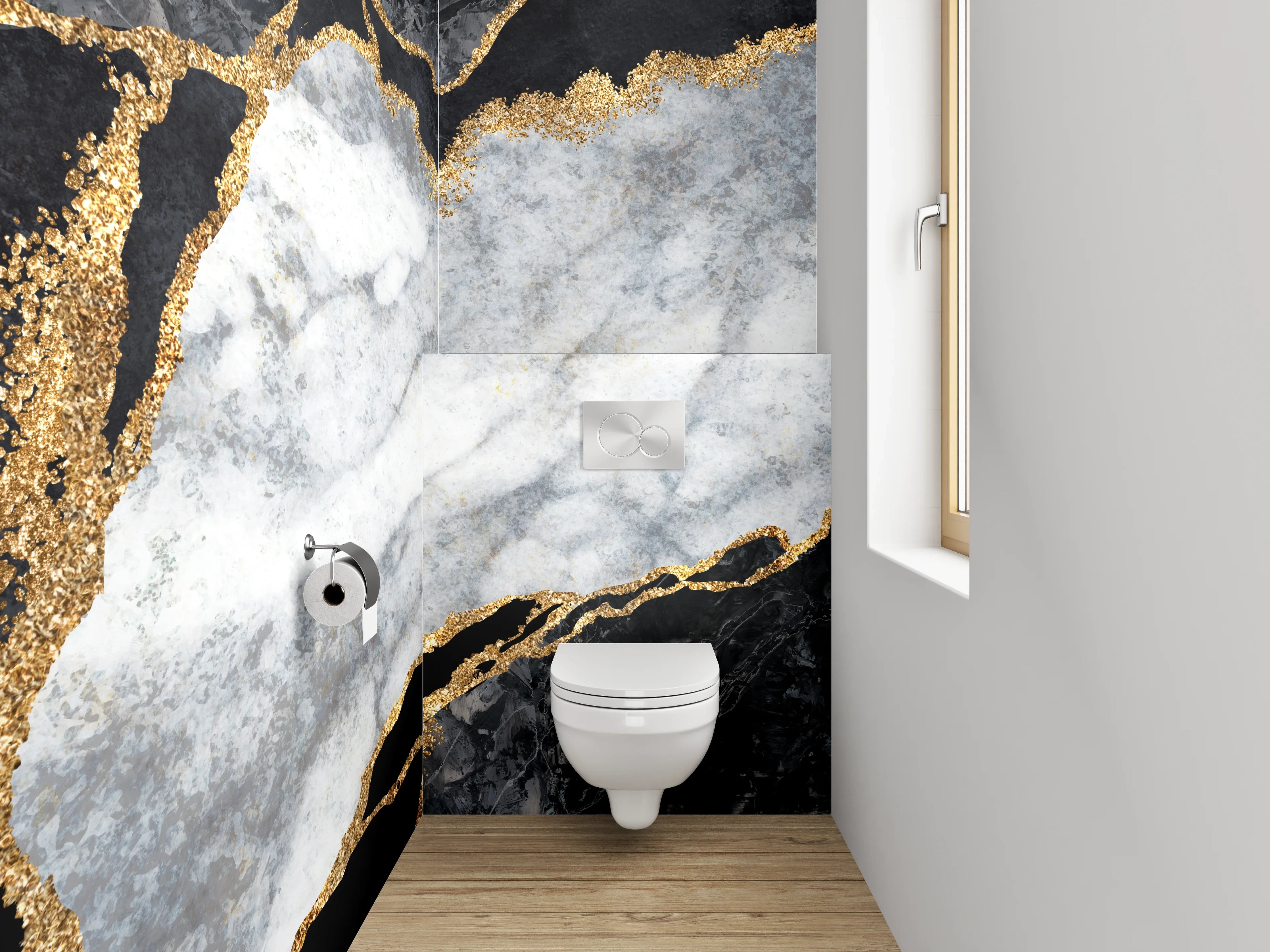 WC-Rückwand - Grauweißer Marmor mit Goldakzent