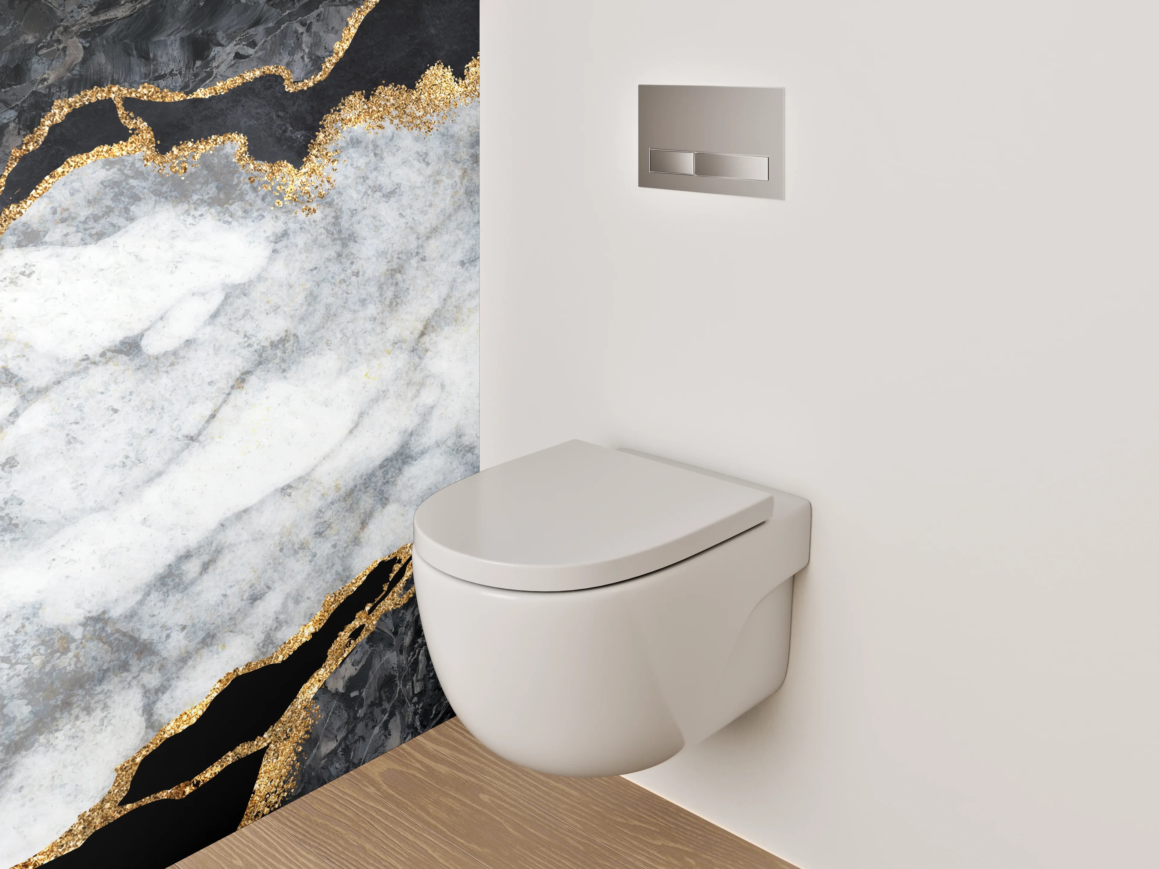 WC-Rückwand - Grauweißer Marmor mit Goldakzent