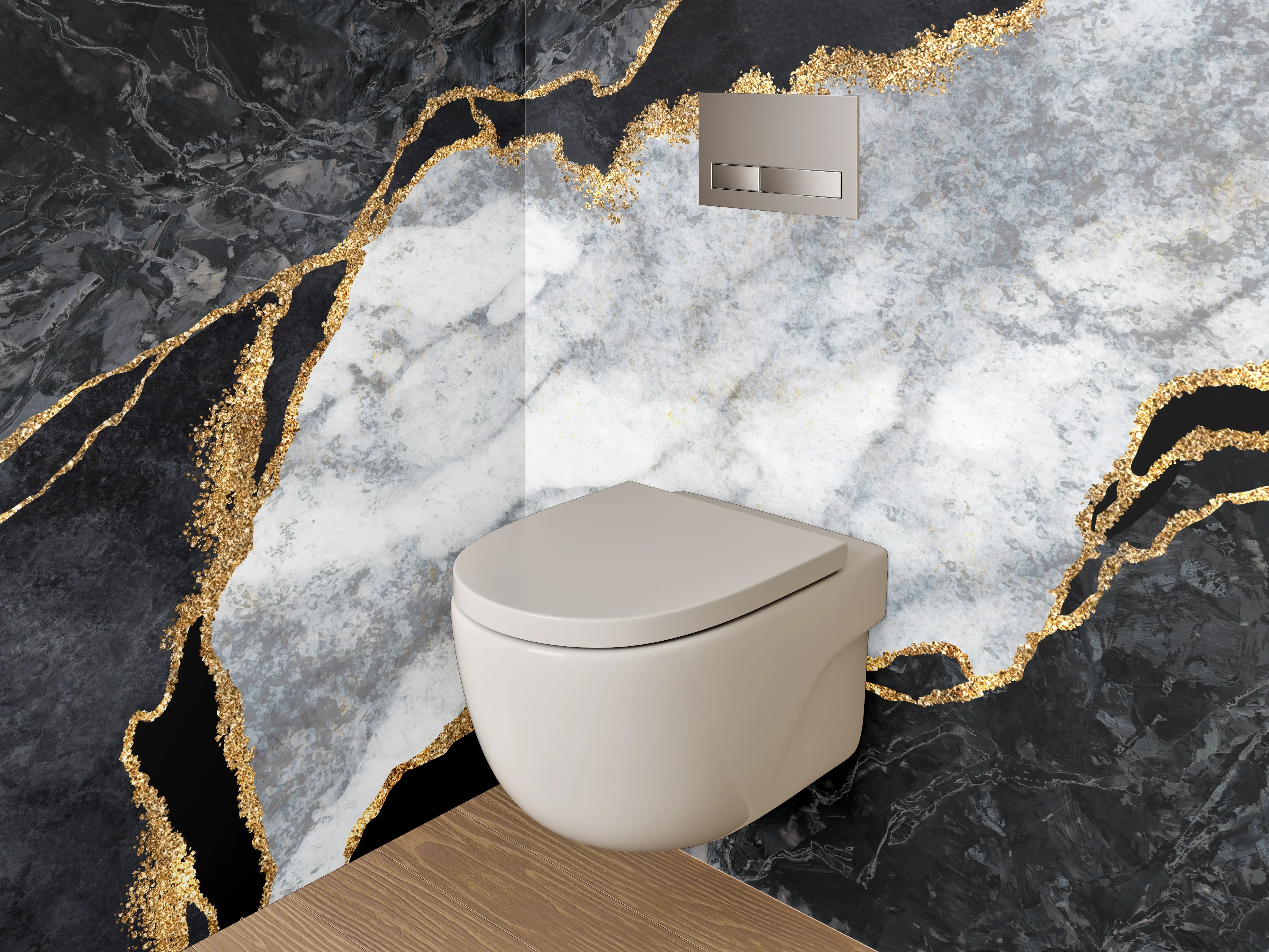 WC-Rückwand - Grauweißer Marmor mit Goldakzent