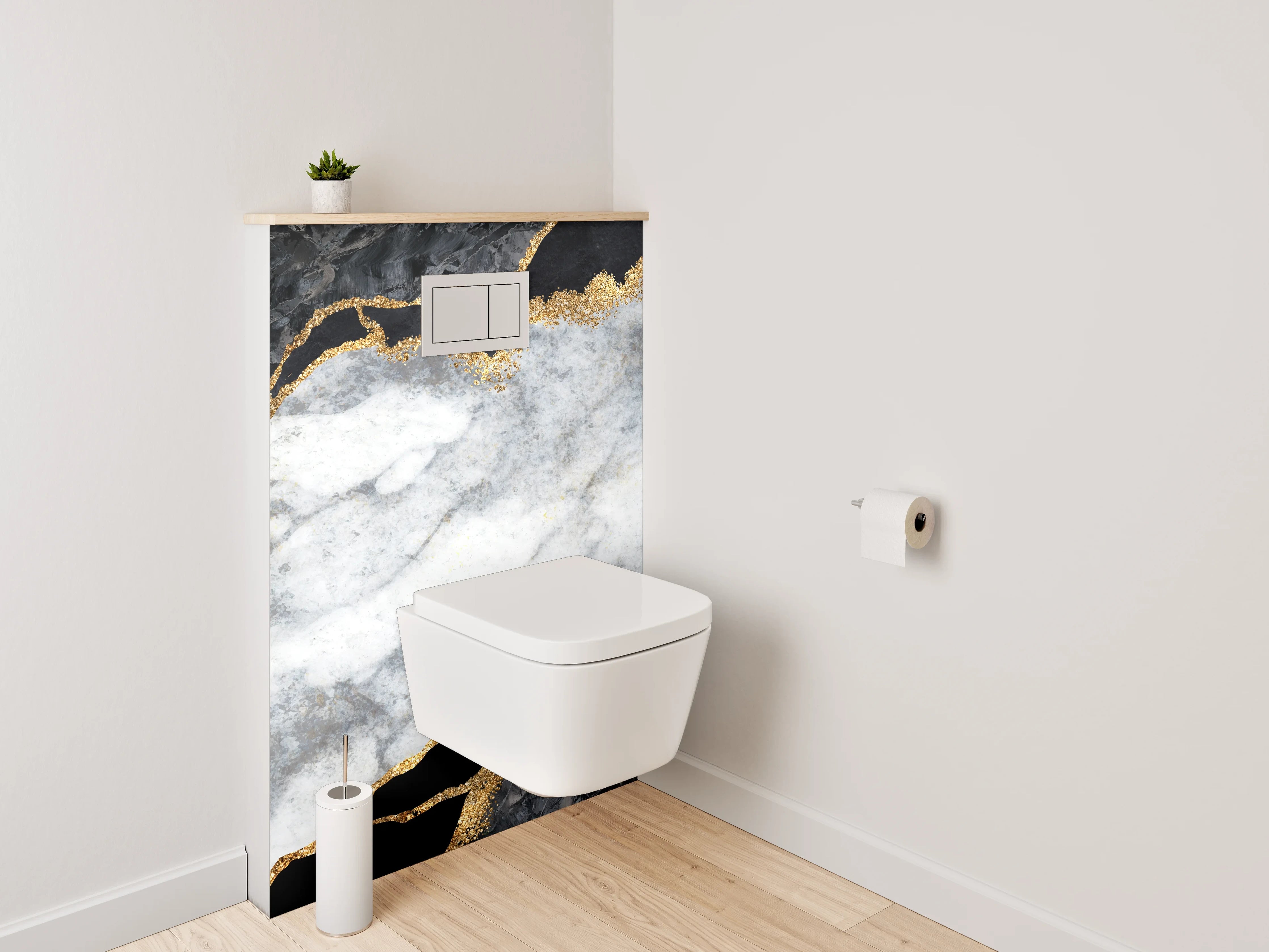WC-Rückwand - Grauweißer Marmor mit Goldakzent