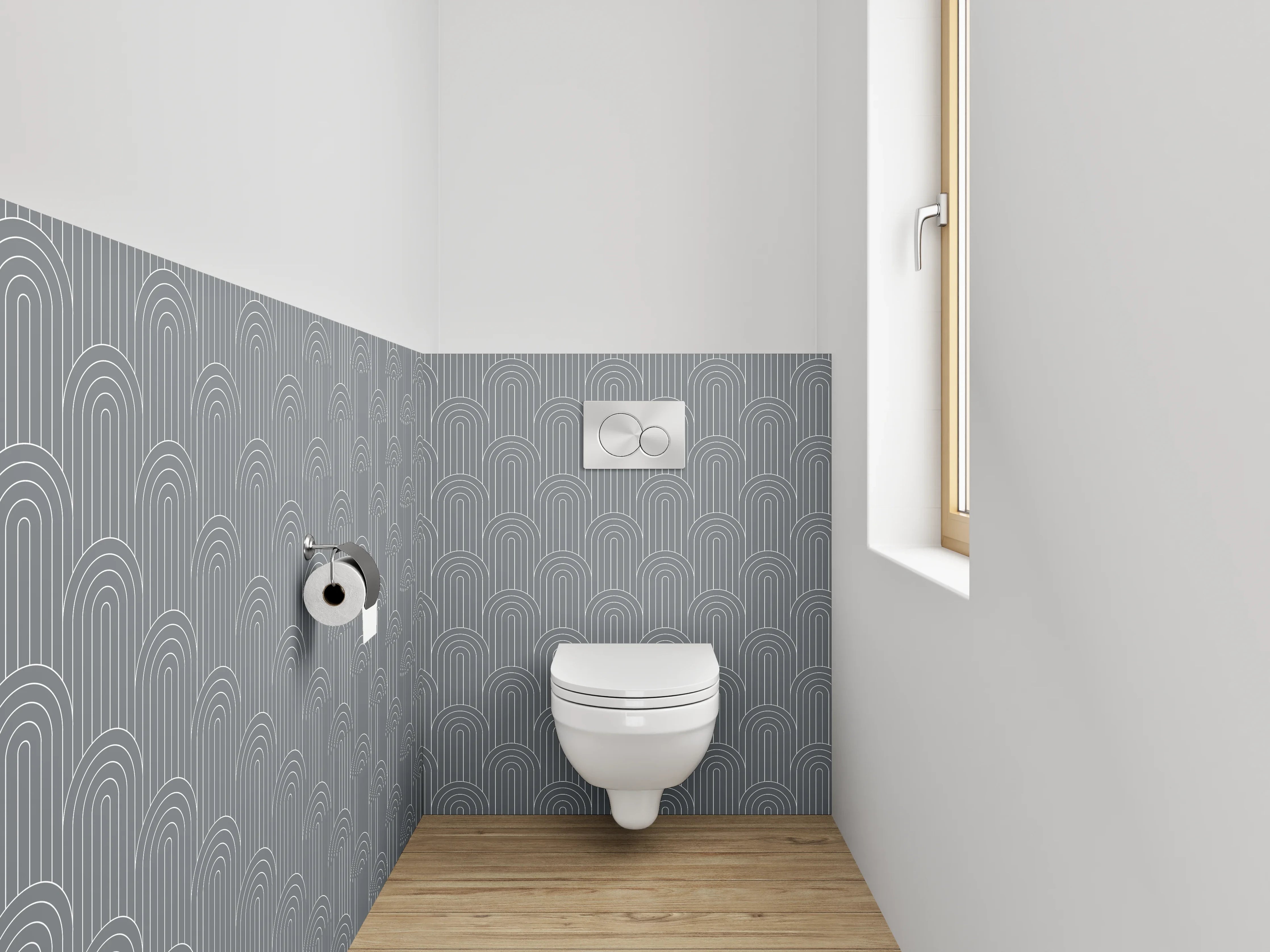 WC-Rückwand - Grauweißes Art-Deco-Muster mit Blautönen