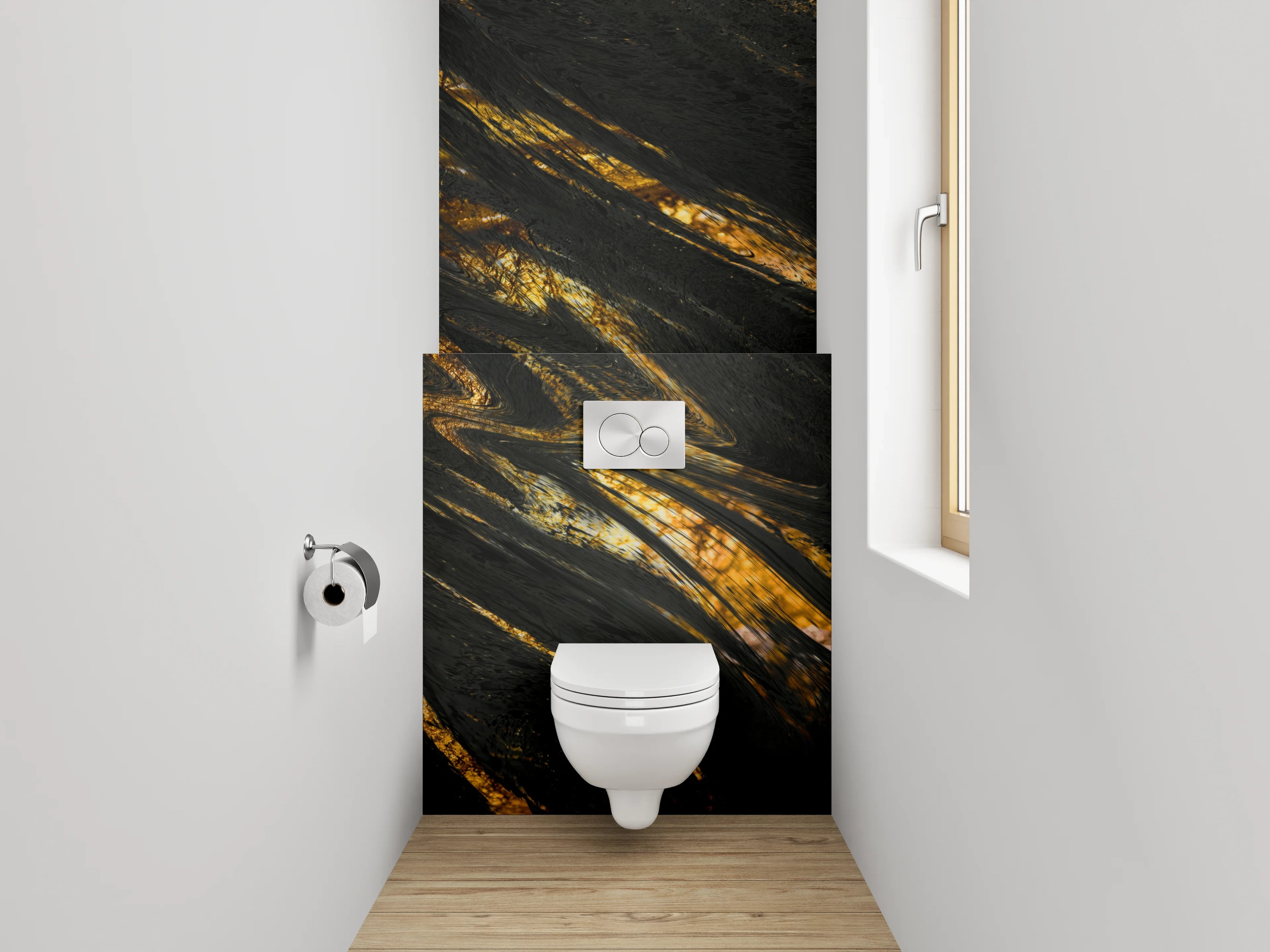 WC-Rückwand - Grauweißes Gestein mit goldenen Linien