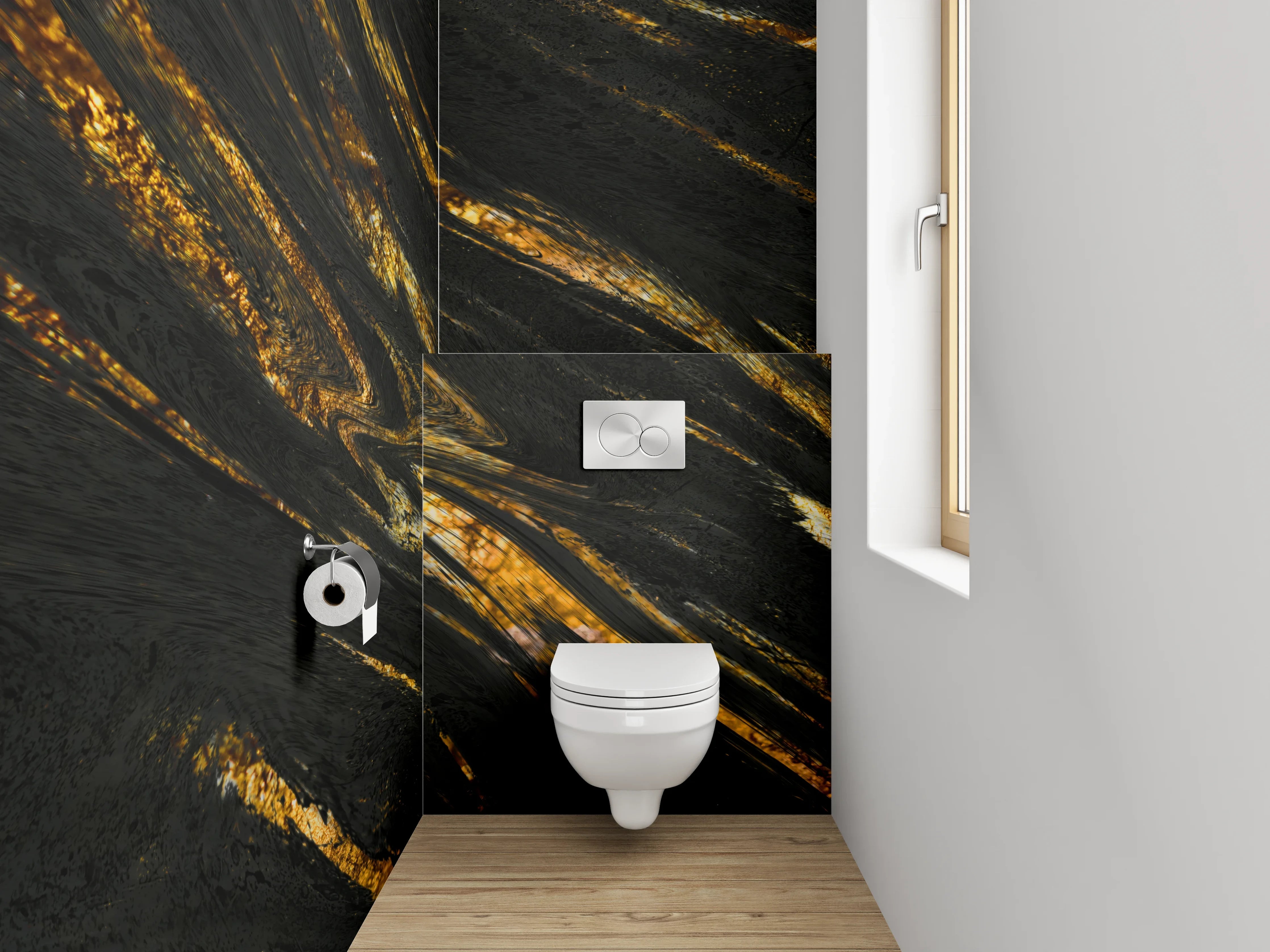 WC-Rückwand - Grauweißes Gestein mit goldenen Linien