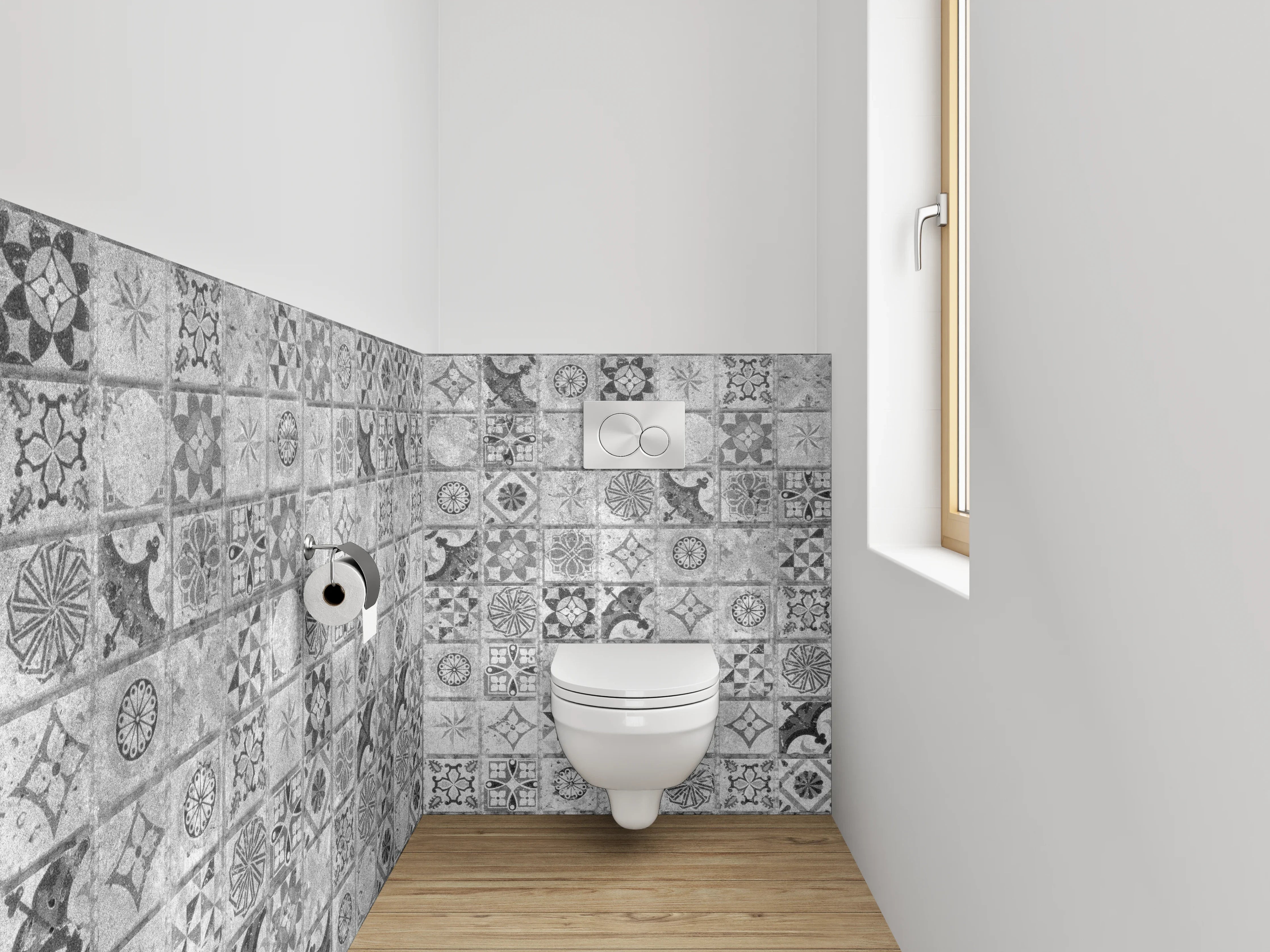 WC-Rückwand - Grauweißes Retro-Fliesendesign mit Muster