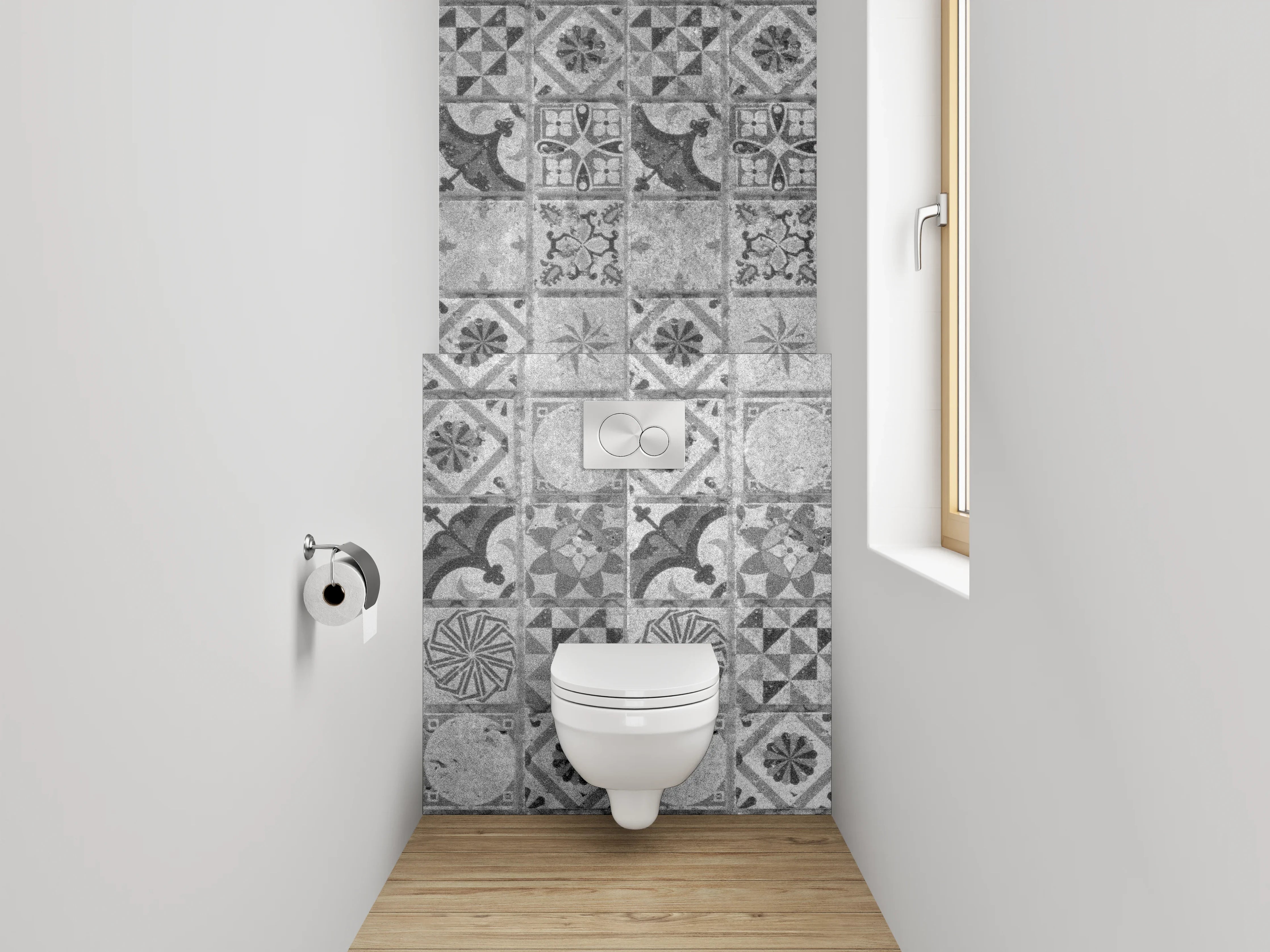 WC-Rückwand - Grauweißes Retro-Fliesendesign mit Muster
