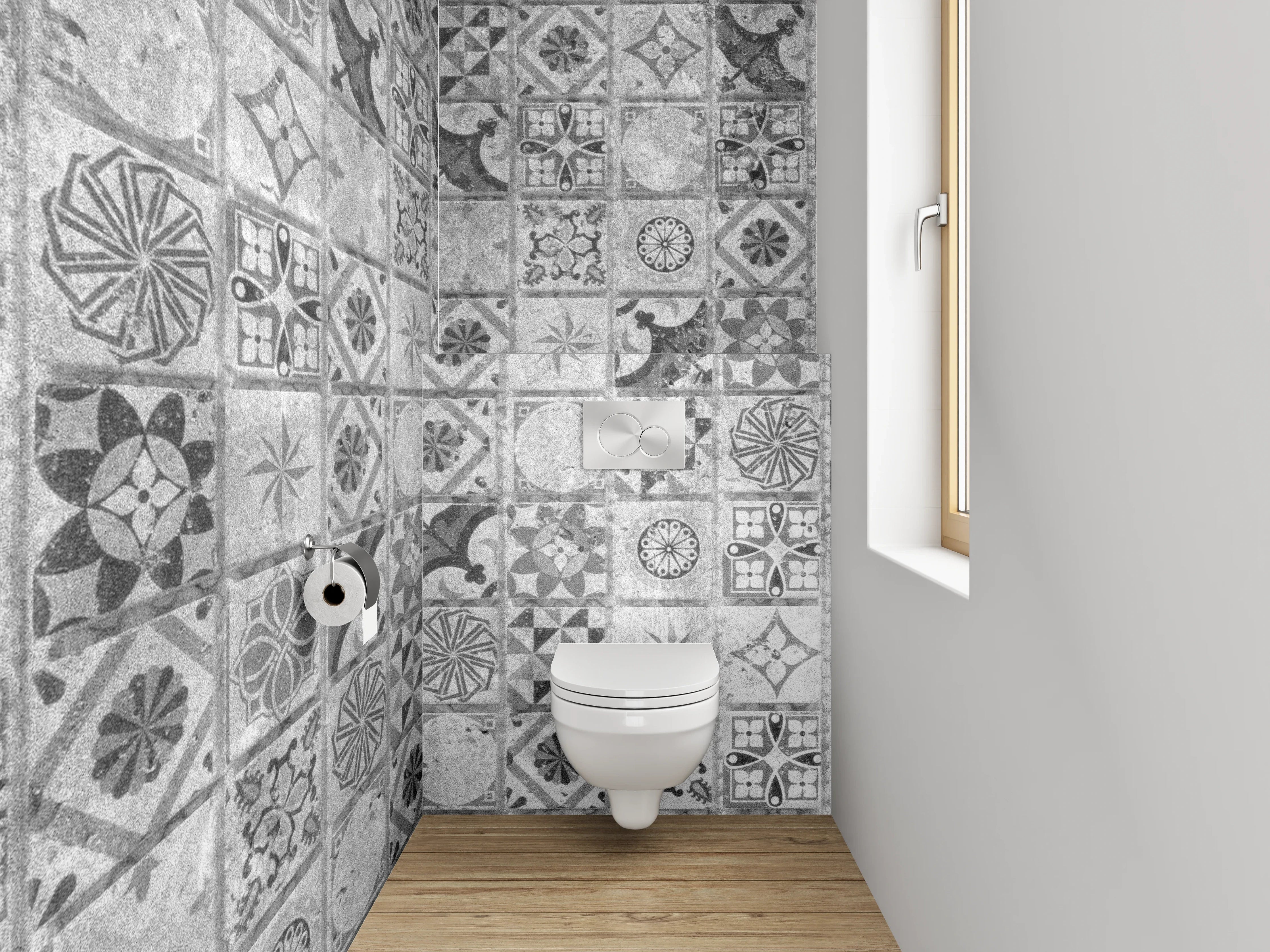 WC-Rückwand - Grauweißes Retro-Fliesendesign mit Muster