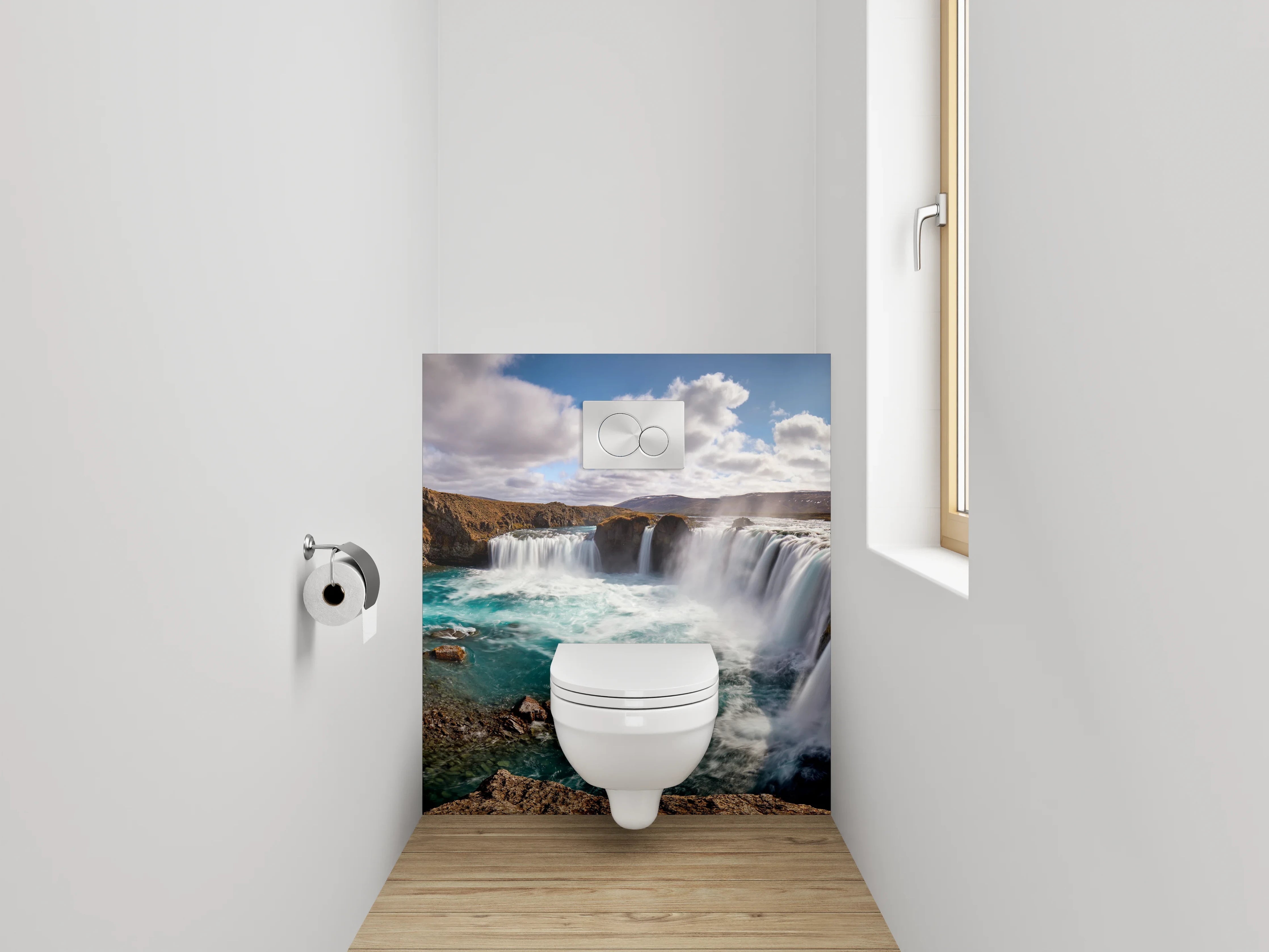 WC-Rückwand - Grauweißes Wasserfall-Inselpanorama