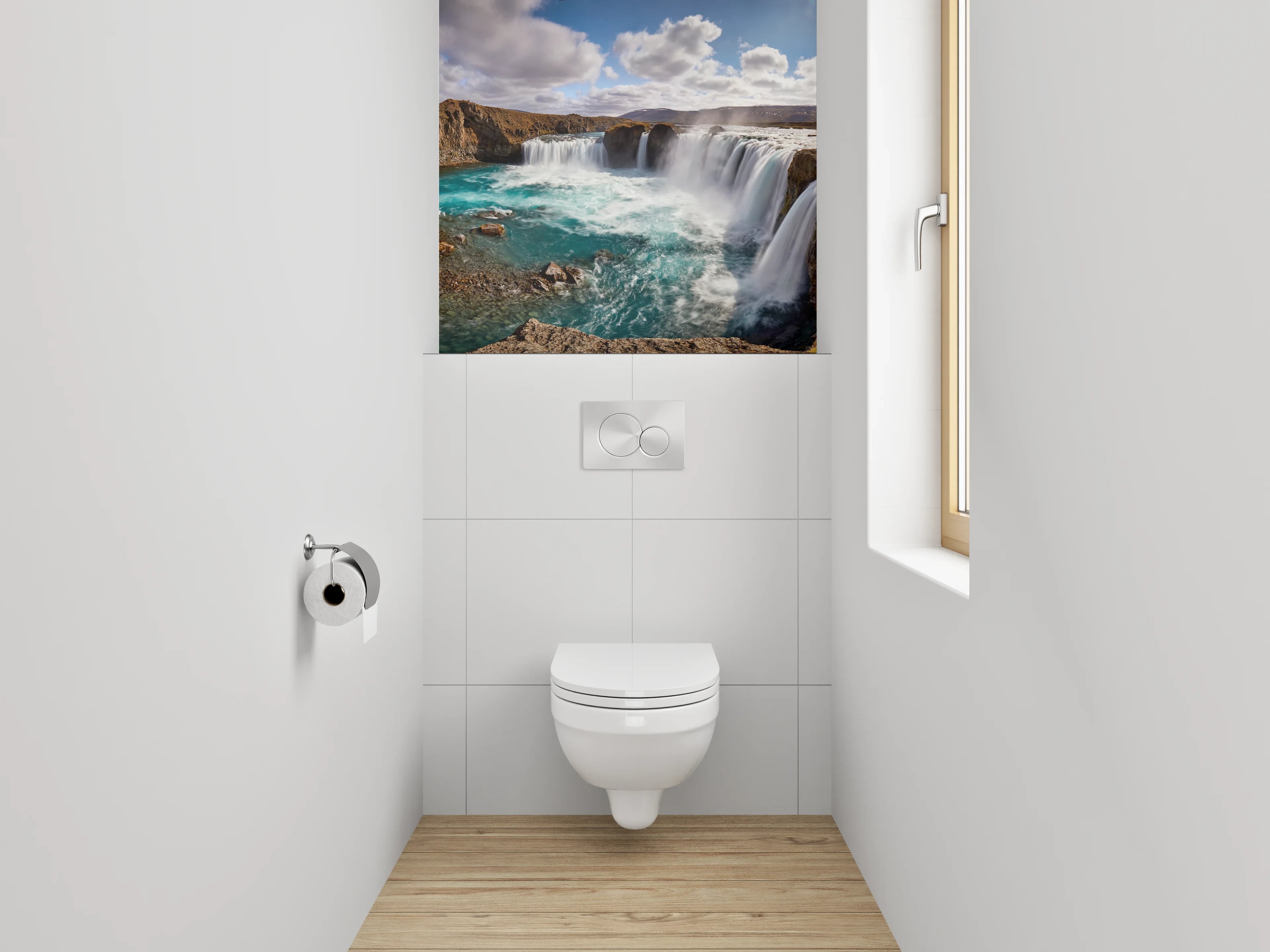 WC-Rückwand - Grauweißes Wasserfall-Inselpanorama