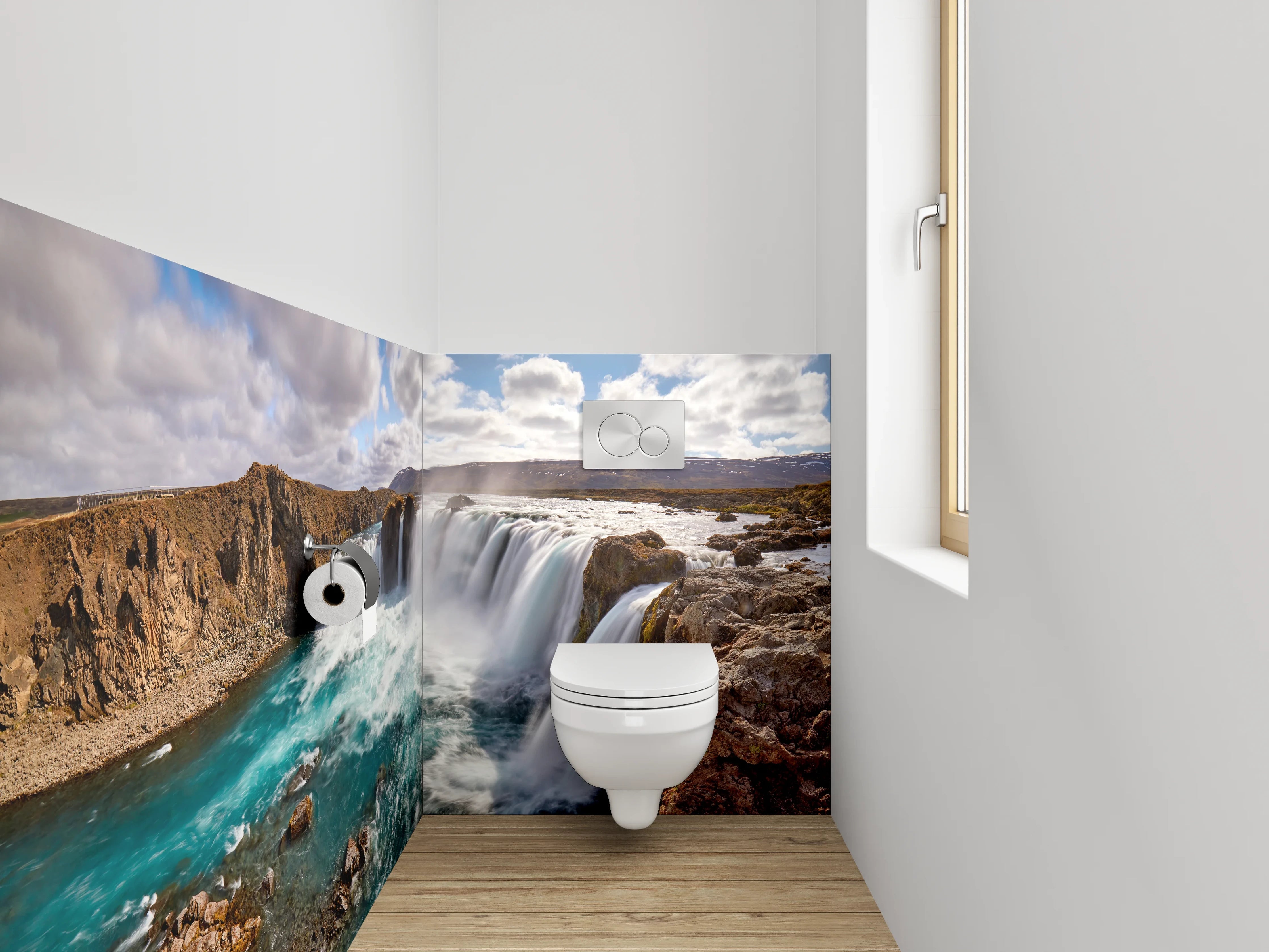 WC-Rückwand - Grauweißes Wasserfall-Inselpanorama